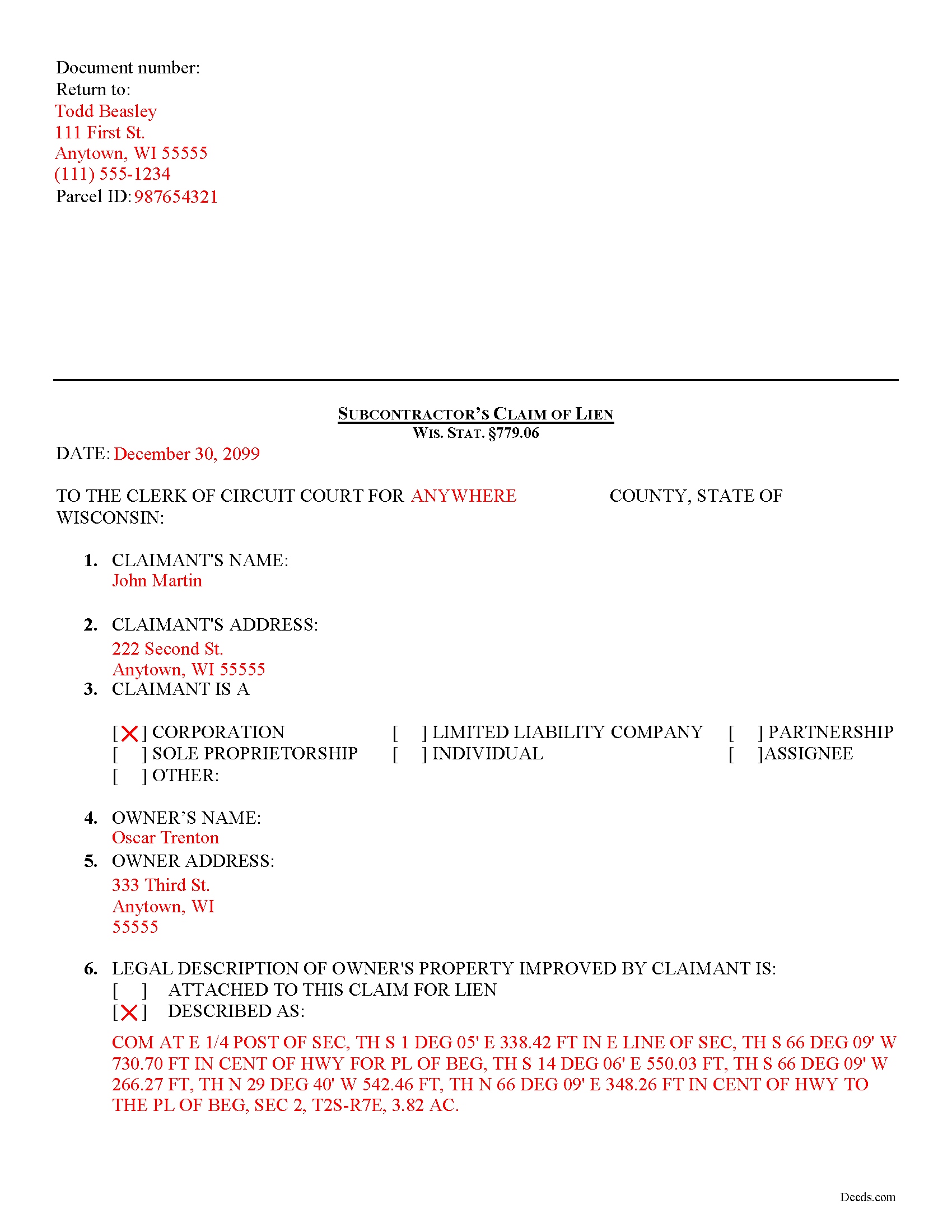 Completed Example of the Subcontractor Claim of Lien Document