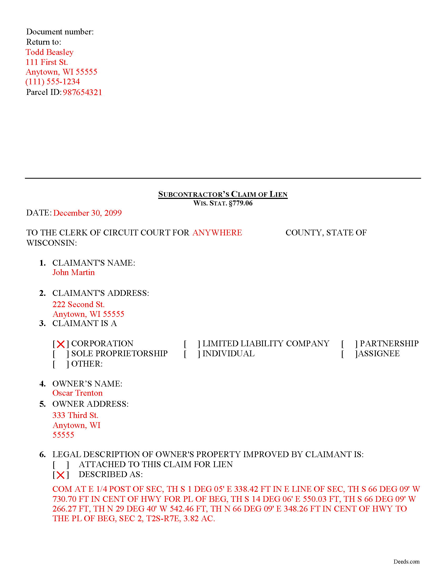 Pepin County Completed Example of the Subcontractor Claim of Lien Document