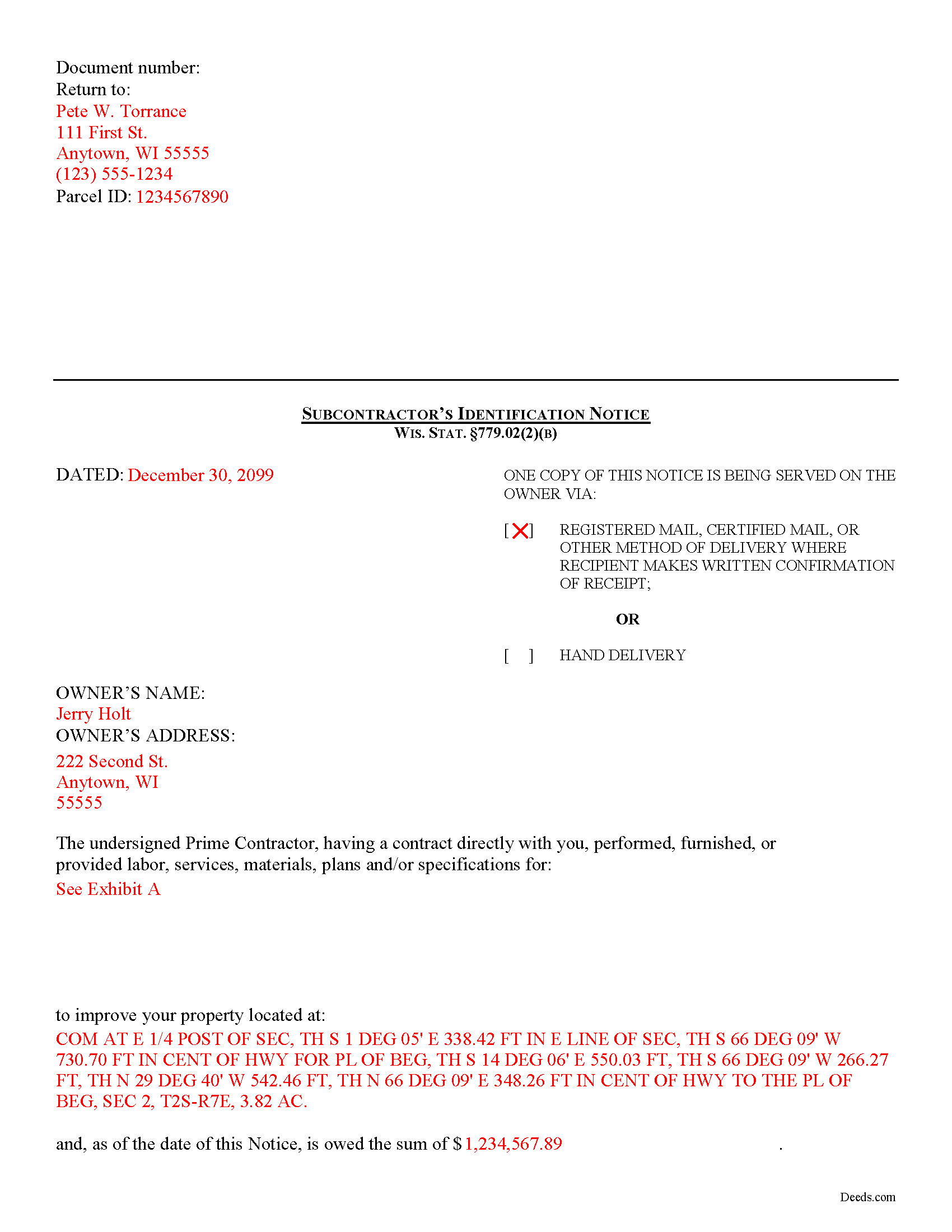 Completed Example of the Subcontractor Indentification Notice Document