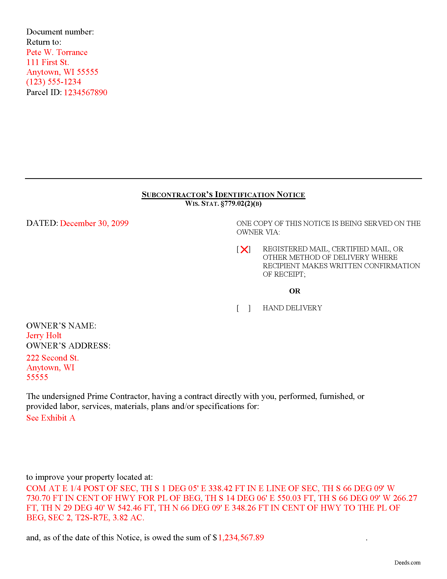 Pepin County Completed Example of the Subcontractor Indentification Notice Document