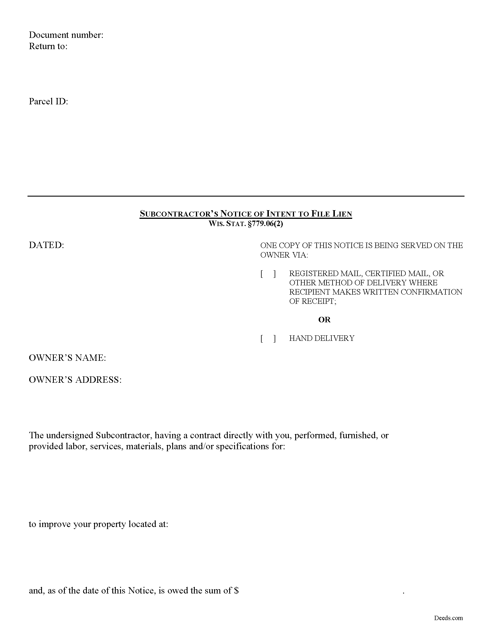 Subcontractor Notice of Intent to File Lien Form