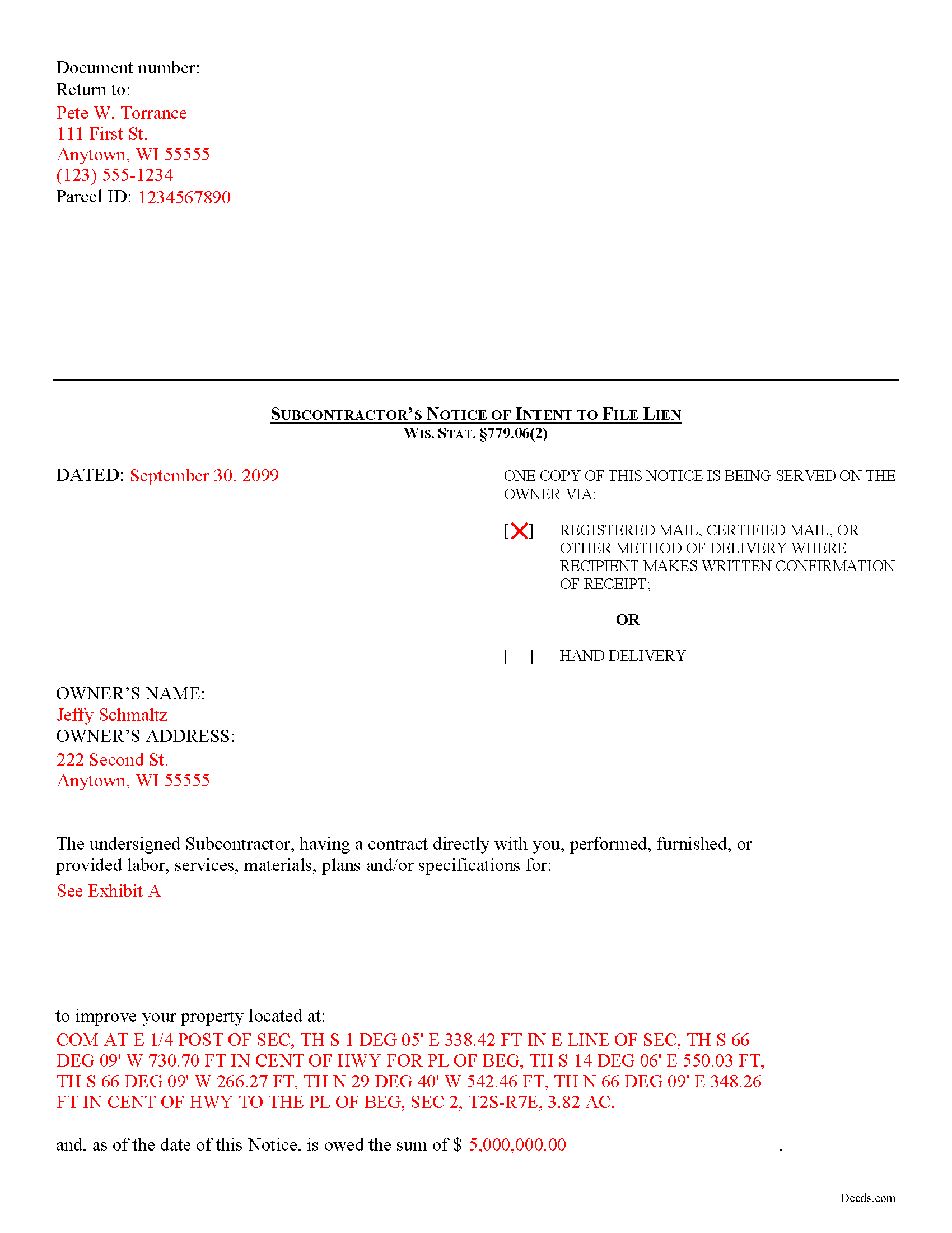Pepin County Completed Example of the Subcontractor Notice of Intent to File Lien Document