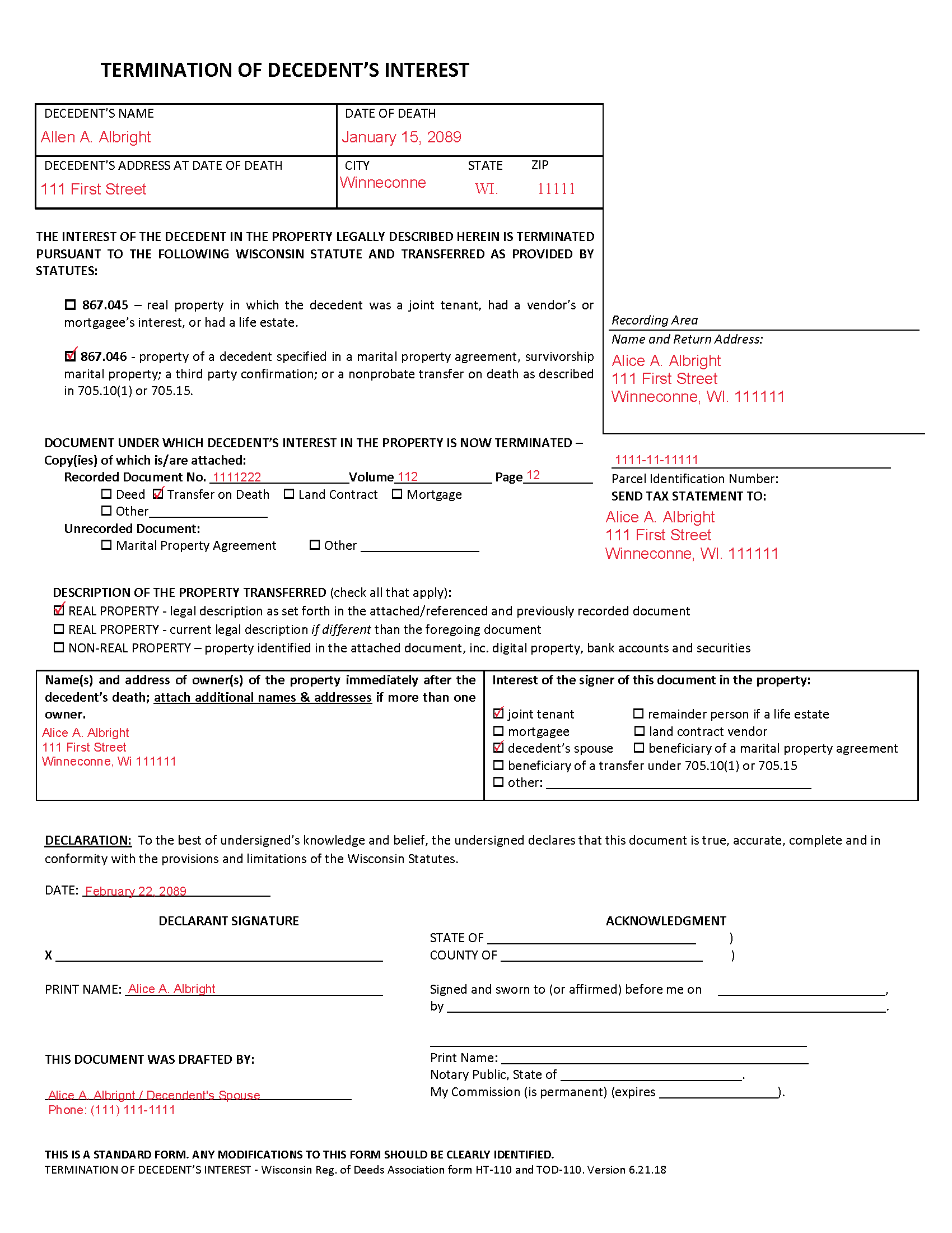Pepin County Completed Example of the Termination of Decedents Interest Document