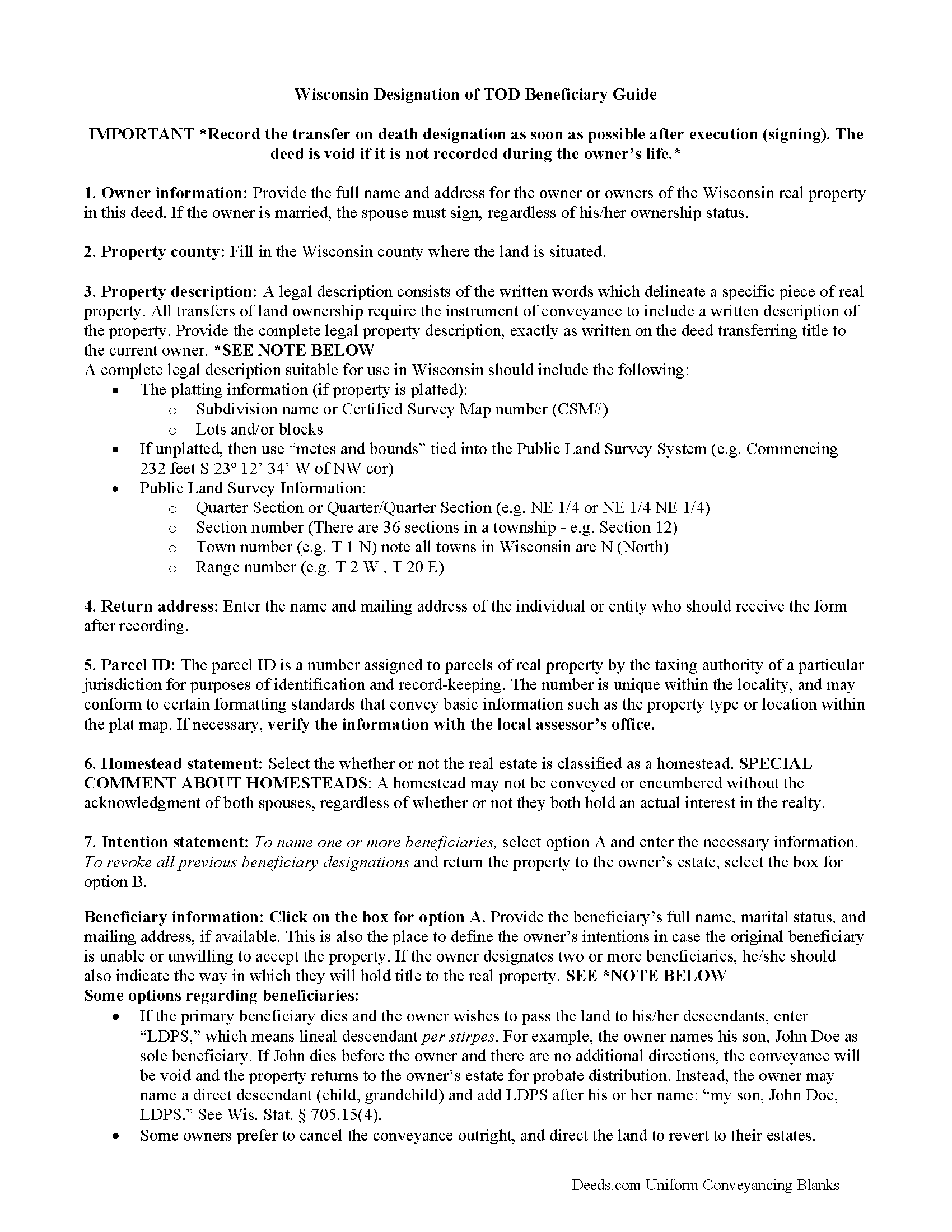 Oconto County Transfer on Death Deed Form | Wisconsin | Deeds.com 