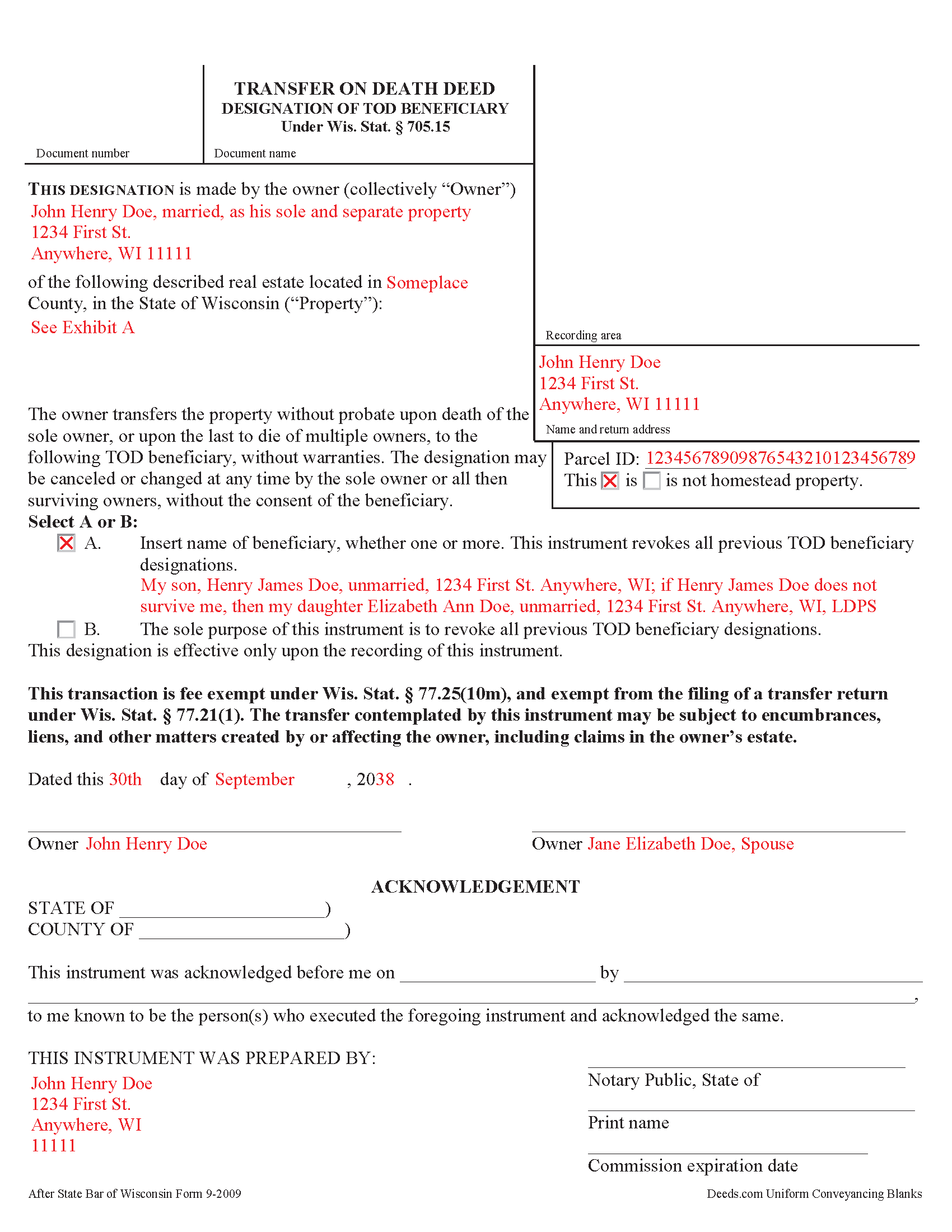 Racine County Completed Example of the Transfer on Death Deed Document