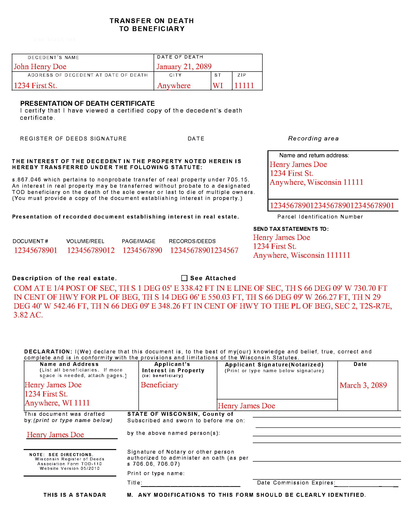 Completed Example of the Transfer on Death to Beneficiary Document