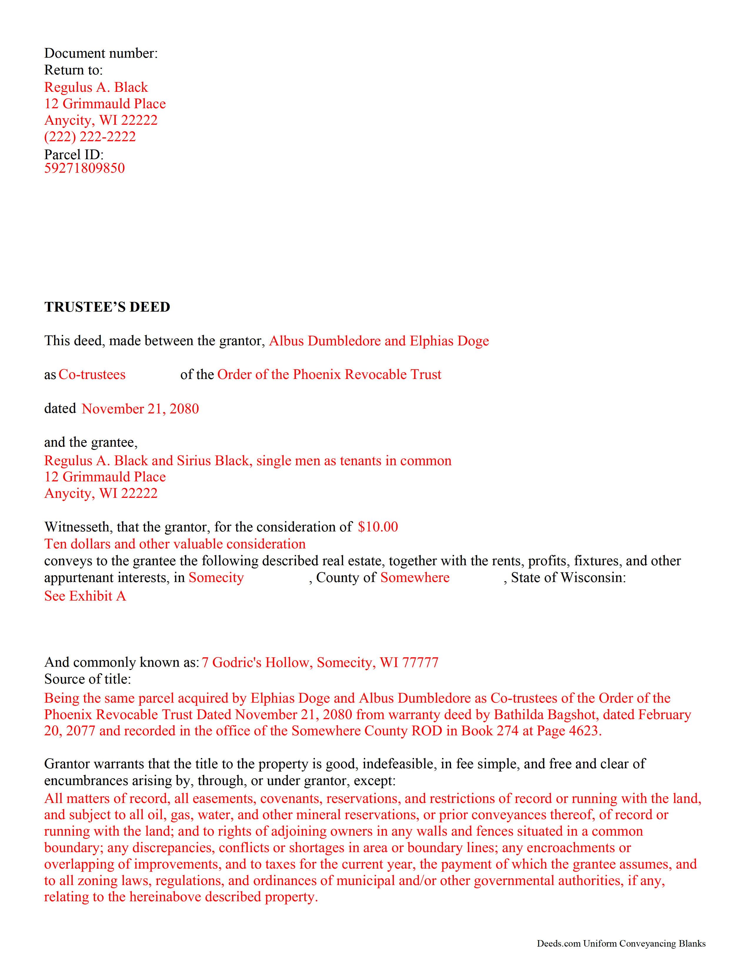 Pepin County Completed Example of the Trustee Deed Document