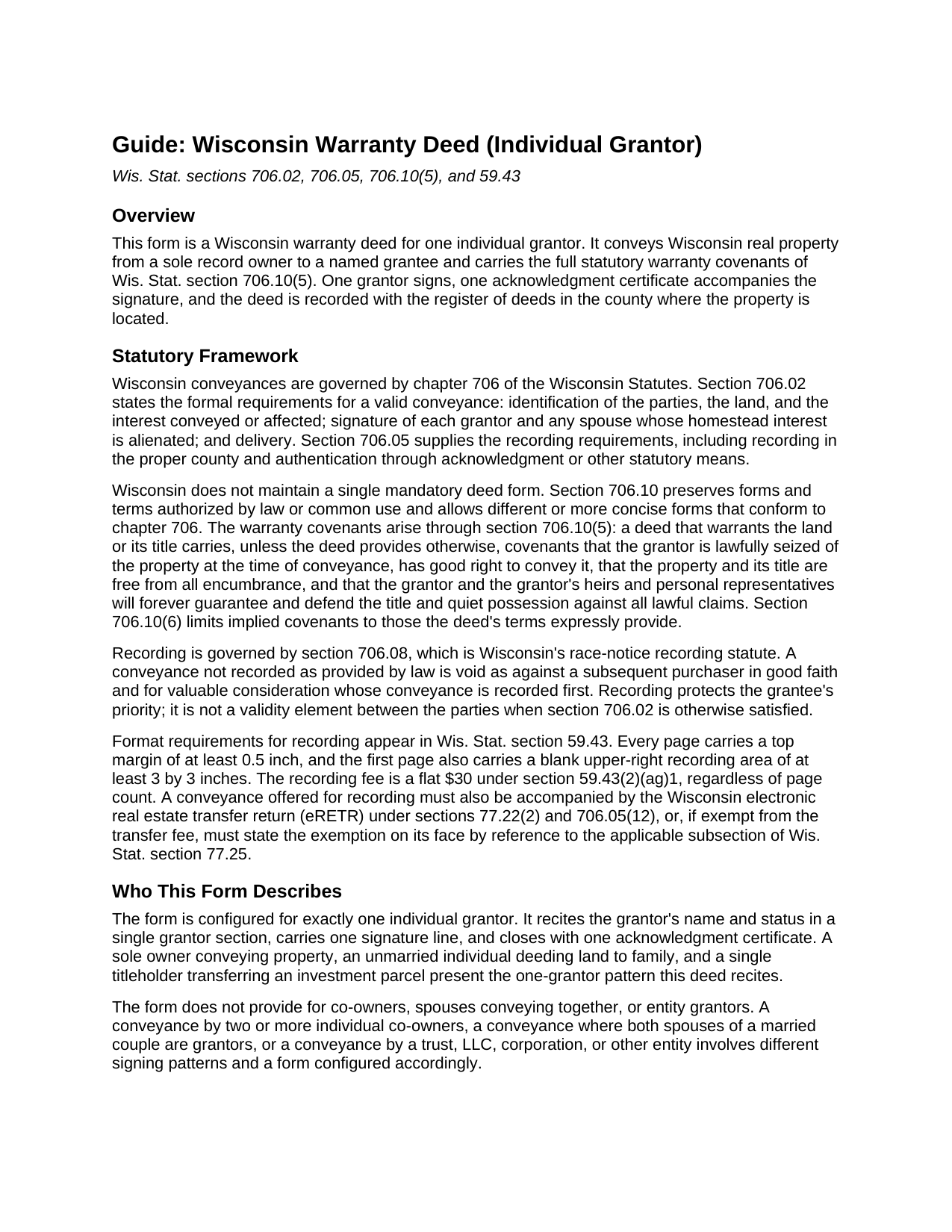 Door County Warranty Deed (Individual Grantor) Guide