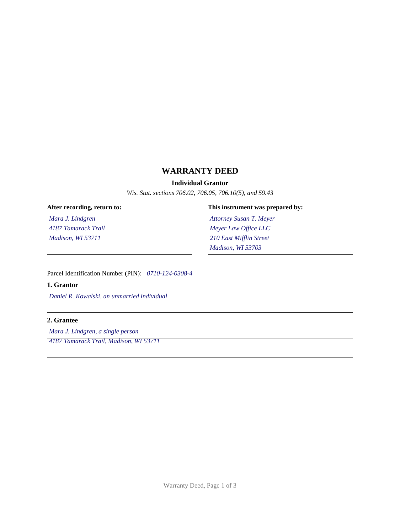 Door County Completed Example of the Warranty Deed (Individual Grantor) Document