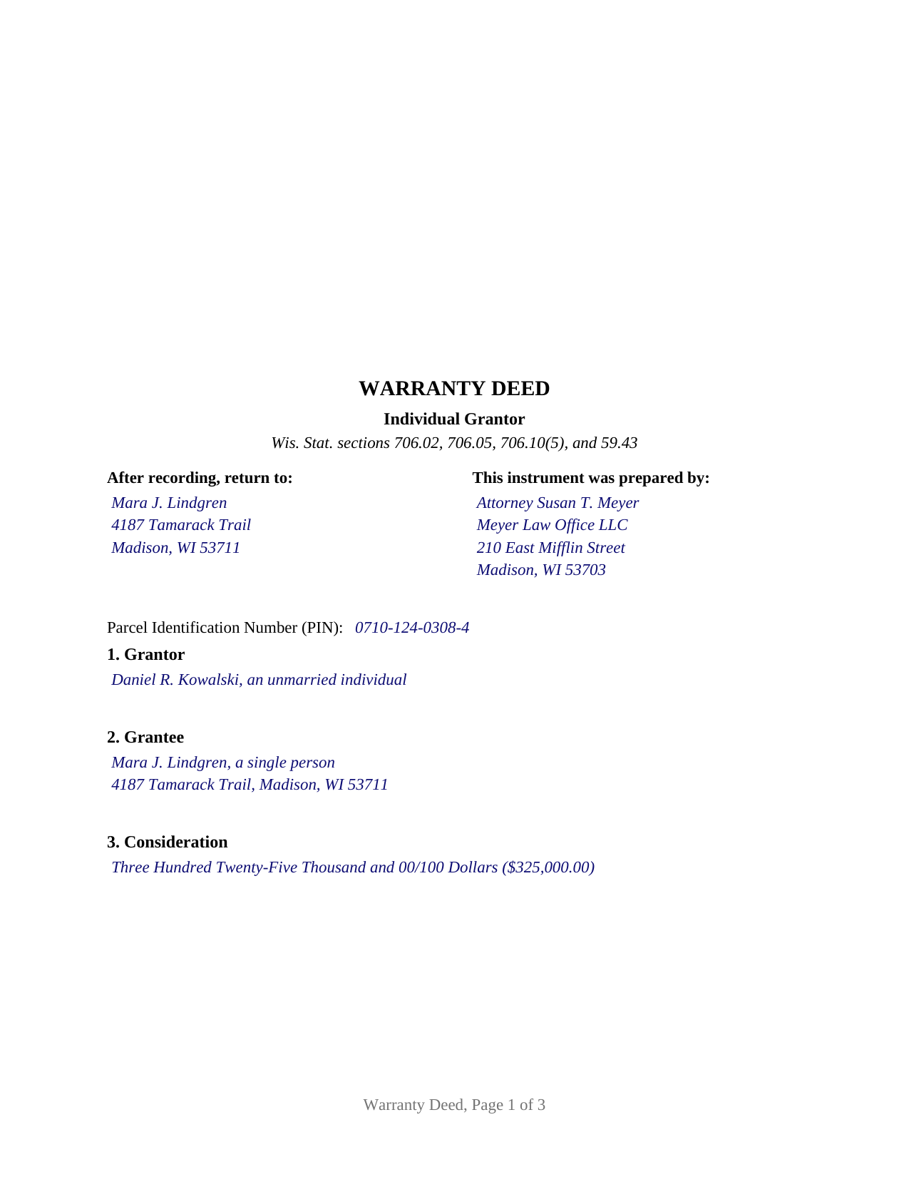 Oneida County Completed Example of the Warranty Deed (Individual Grantor) Document