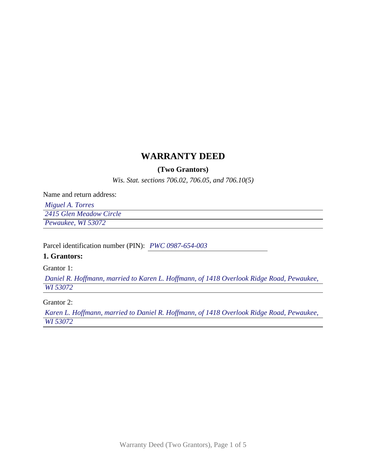 La Crosse County Completed Example of the Warranty Deed (Two Grantors) Document