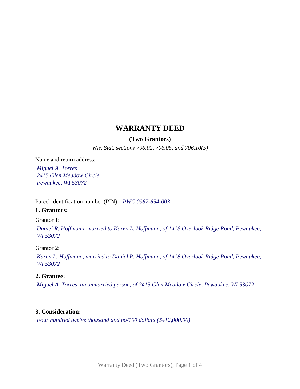 Waushara County Completed Example of the Warranty Deed (Two Grantors) Document