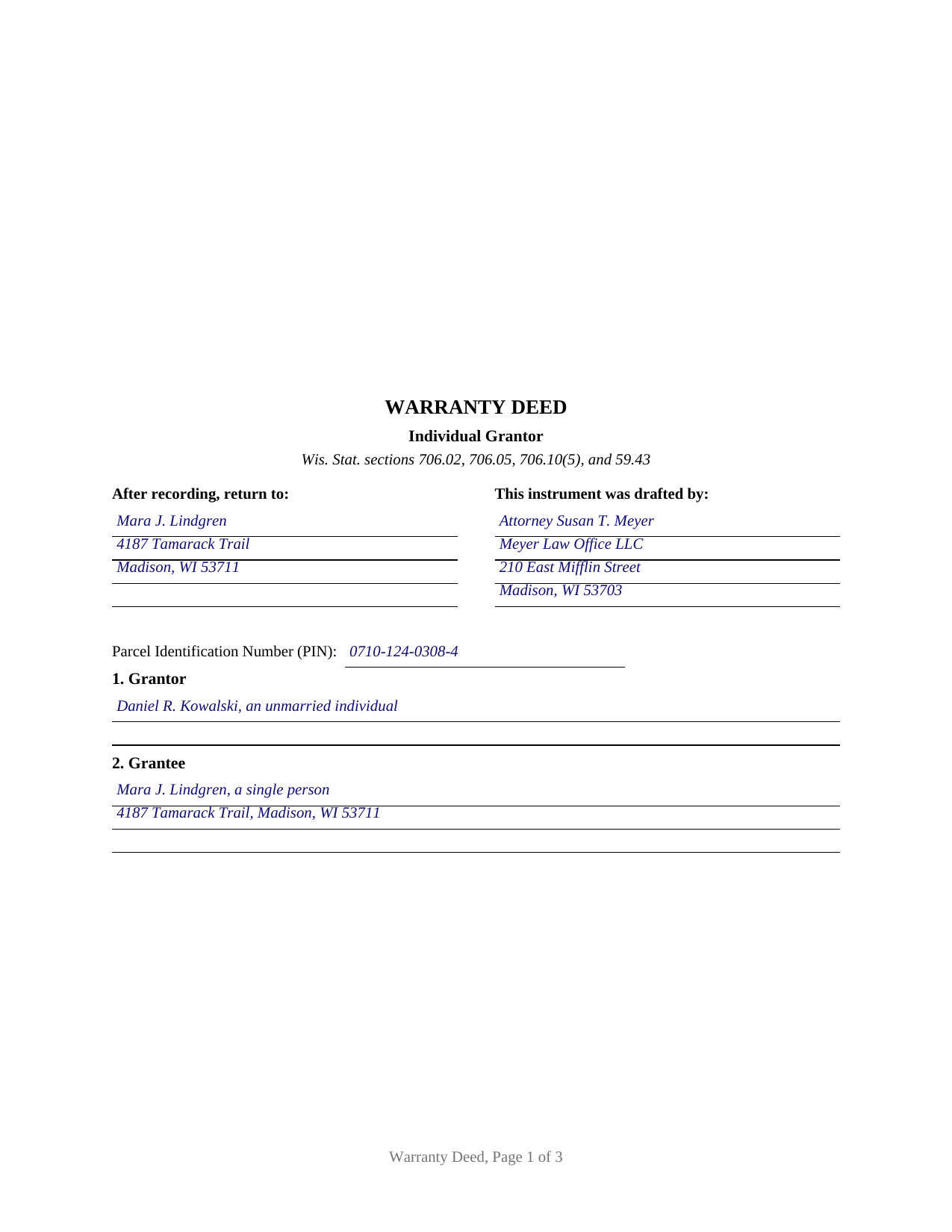 Vilas County Completed Example of the Warranty Deed Document