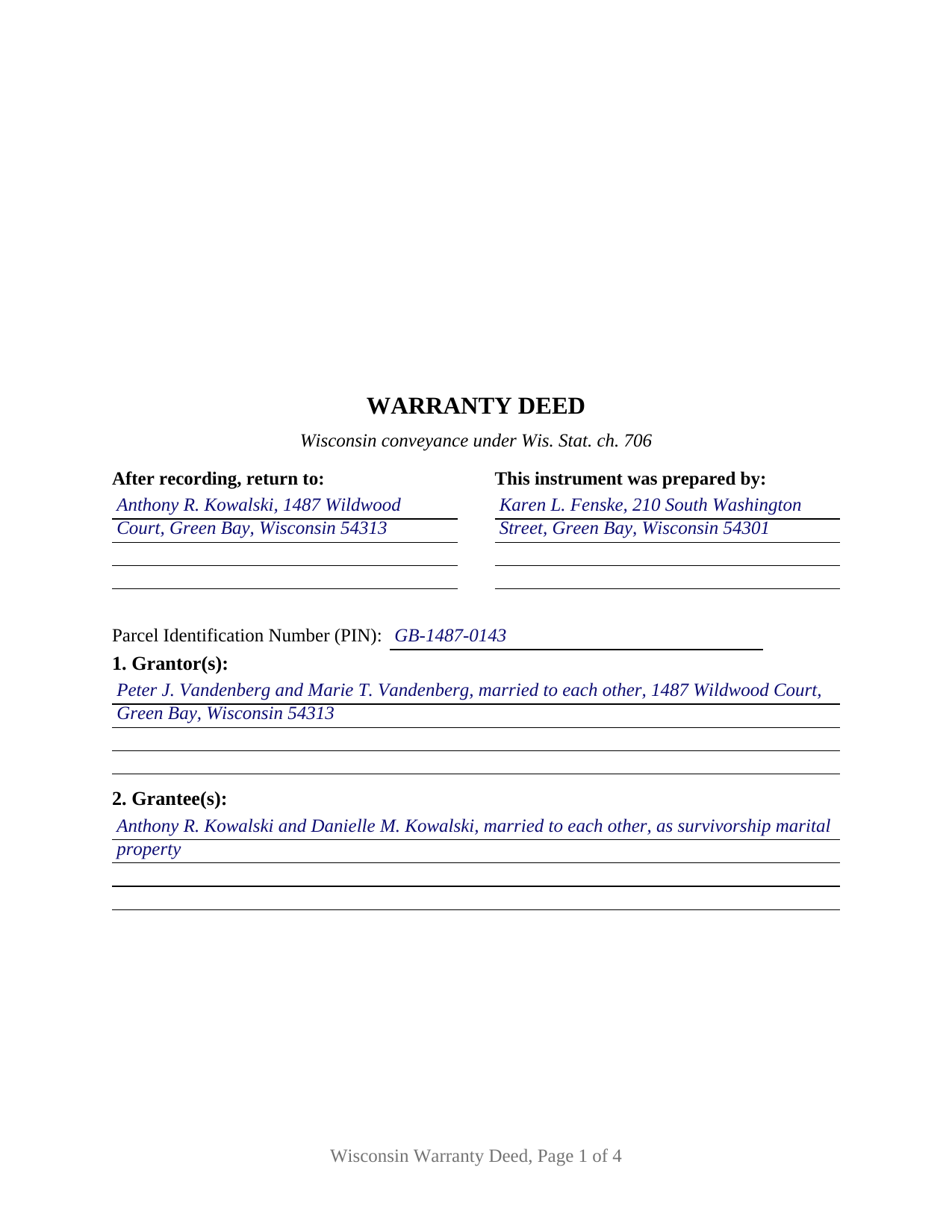 Waushara County Completed Example of the Warranty Deed Document