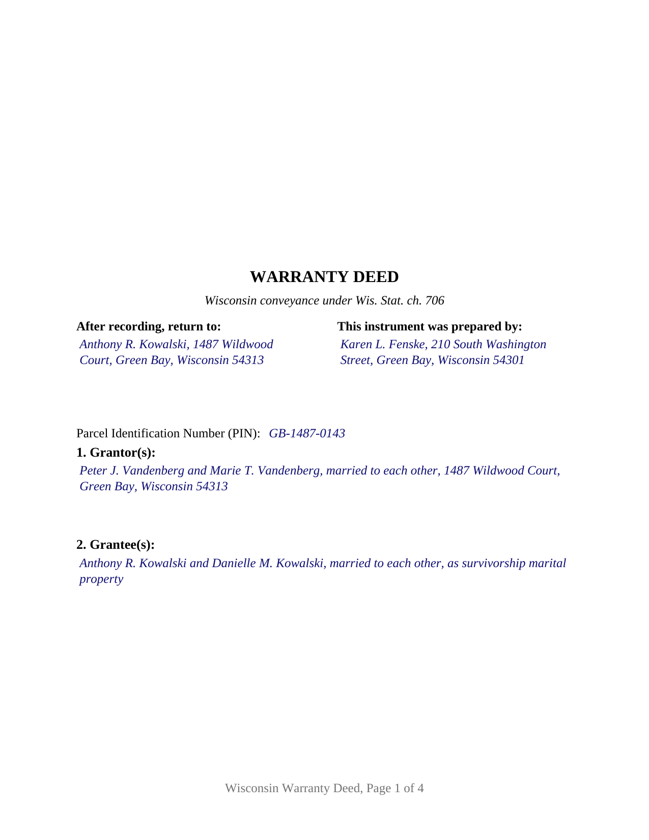 Langlade County Completed Example of the Warranty Deed Document