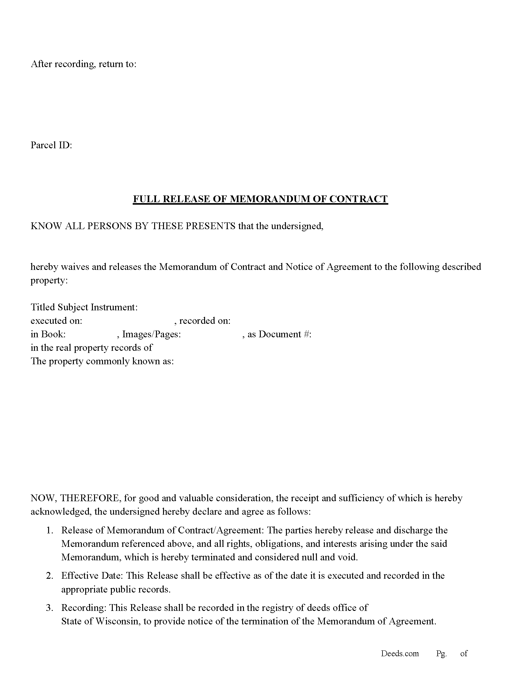 Wisconsin Full Release of Memorandum of Contract