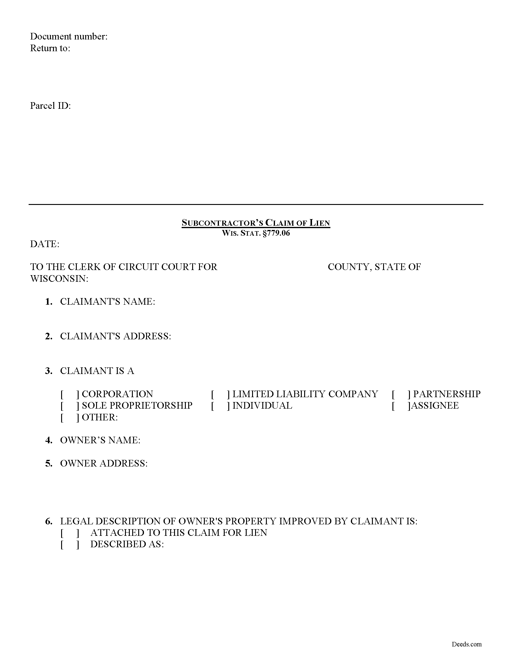 Wisconsin Subcontractor Claim of Lien Image