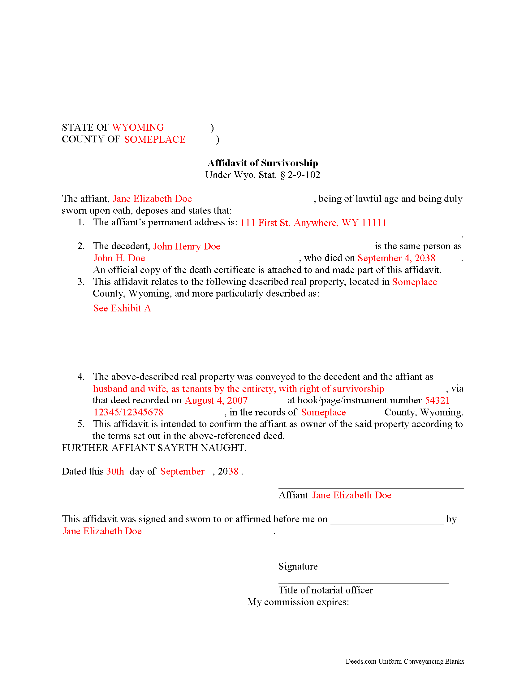 Completed Example of the Affidavit of Survivorship Document