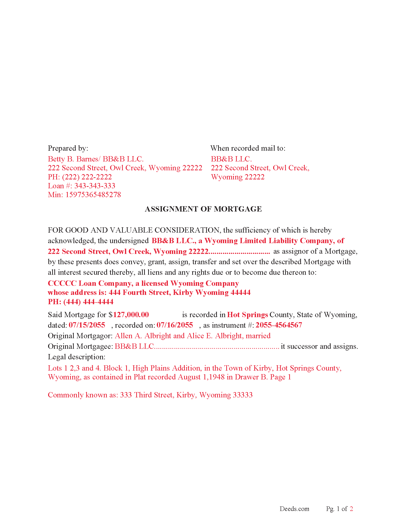 Carbon County Completed Example of the Assignment of Mortgage Document