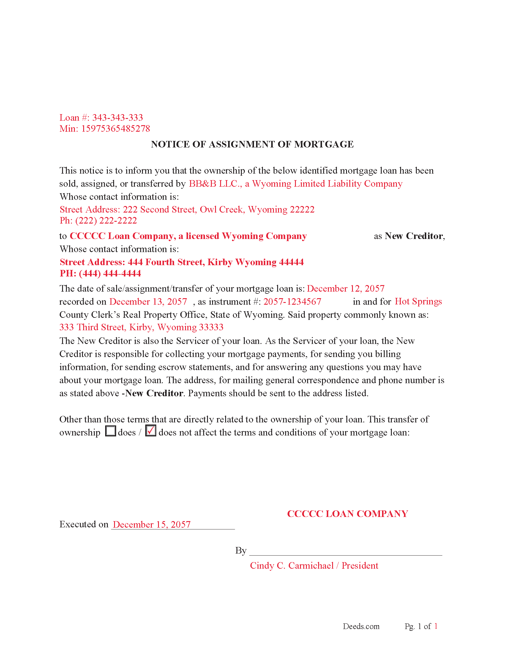 Completed Example of a Notice of Assignment Document