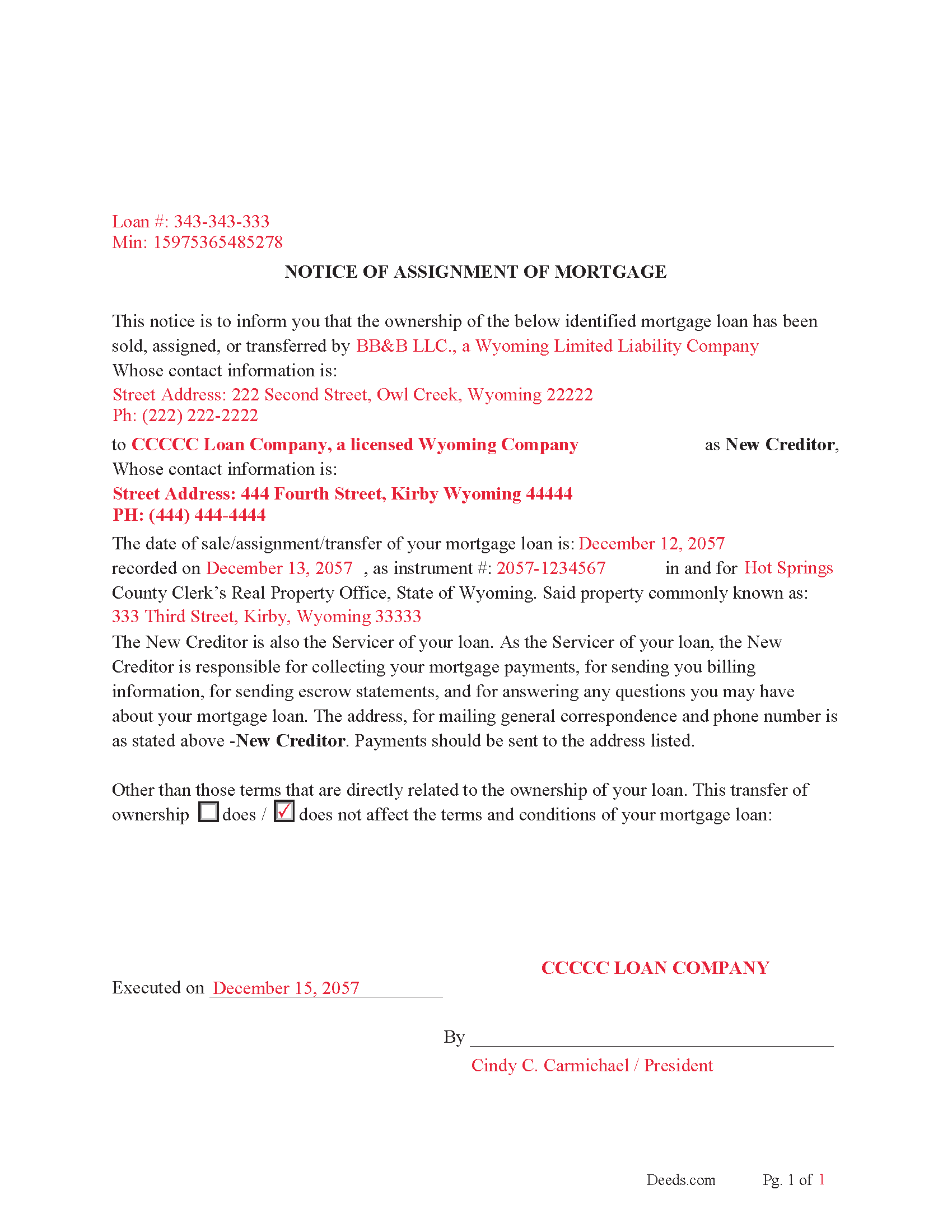 Carbon County Completed Example of a Notice of Assignment Document