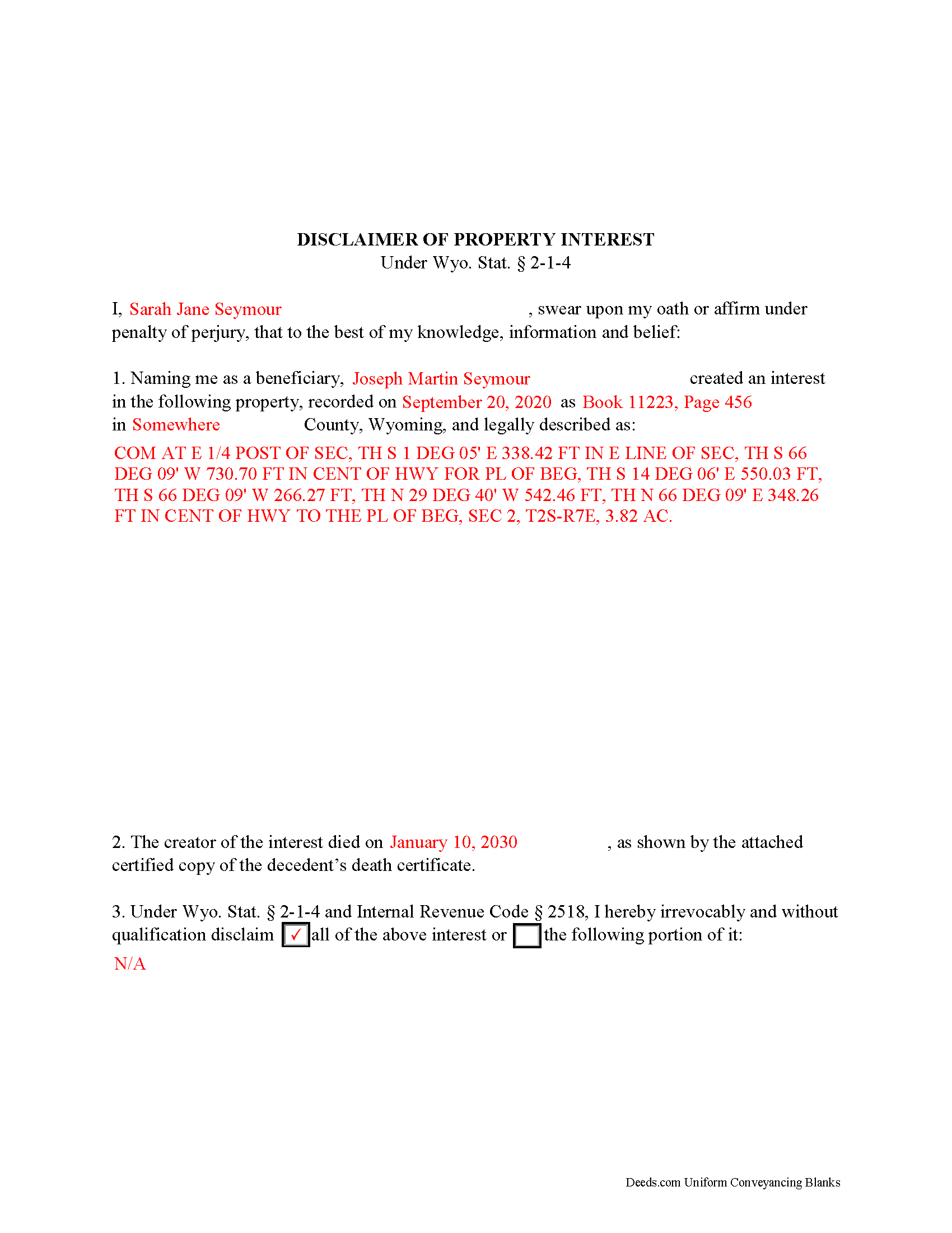 Completed Example of the Disclaimer of Interest Document