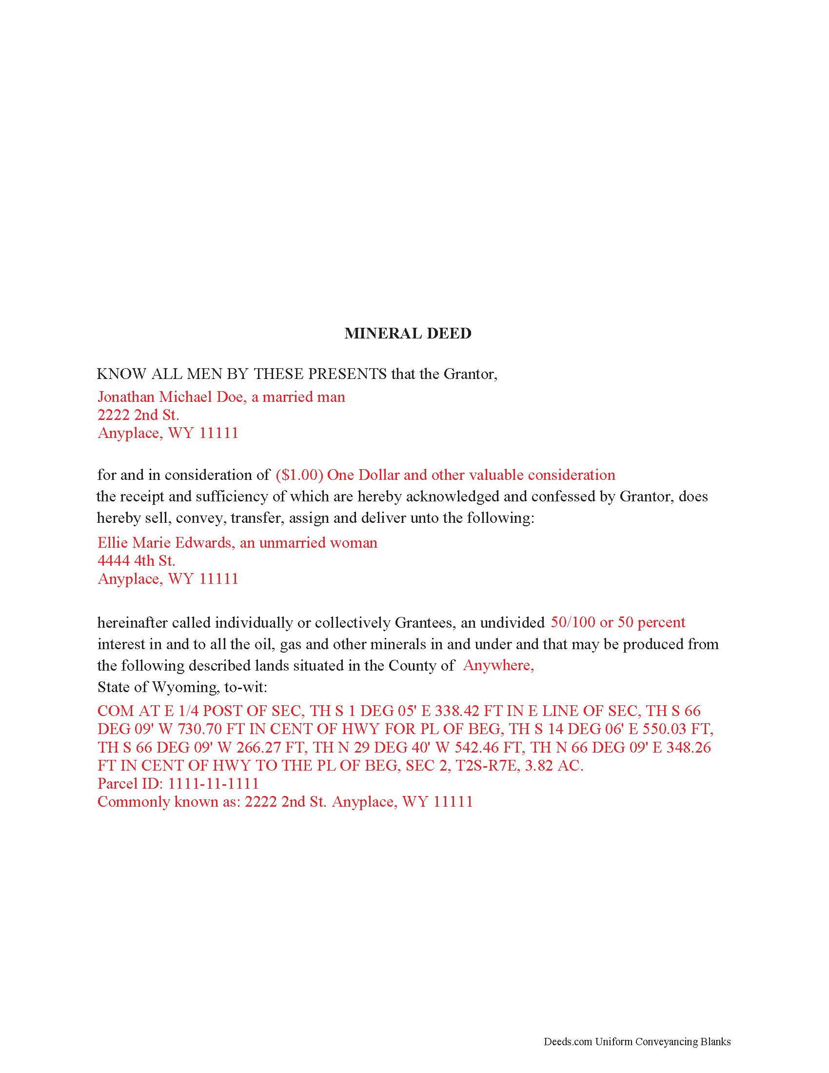 Uinta County Completed Example of the Mineral Deed