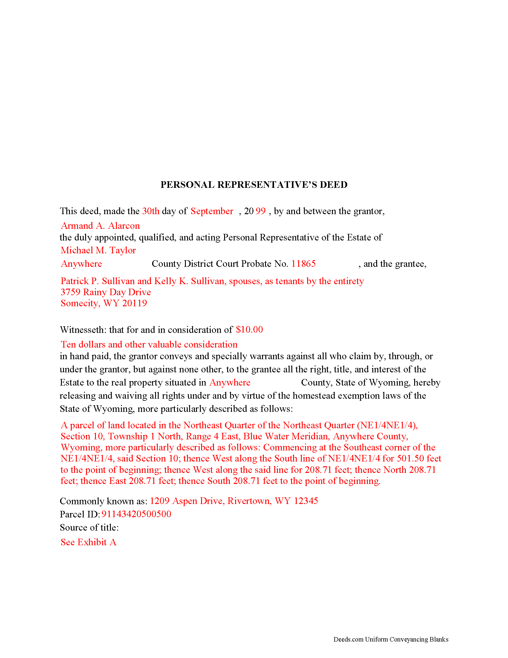 Completed Example of the Personal Representative Deed Document