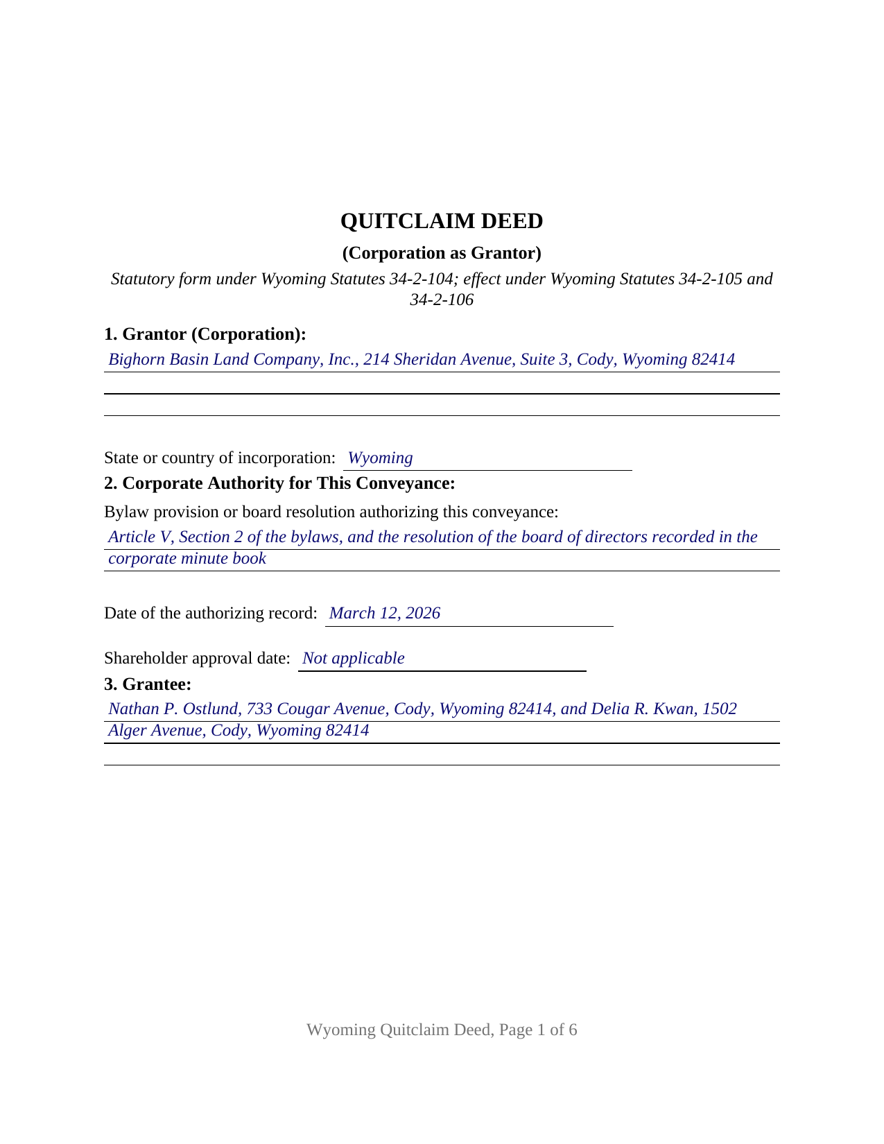 Campbell County Completed Example of the Quitclaim Deed (Corporation Grantor) Document