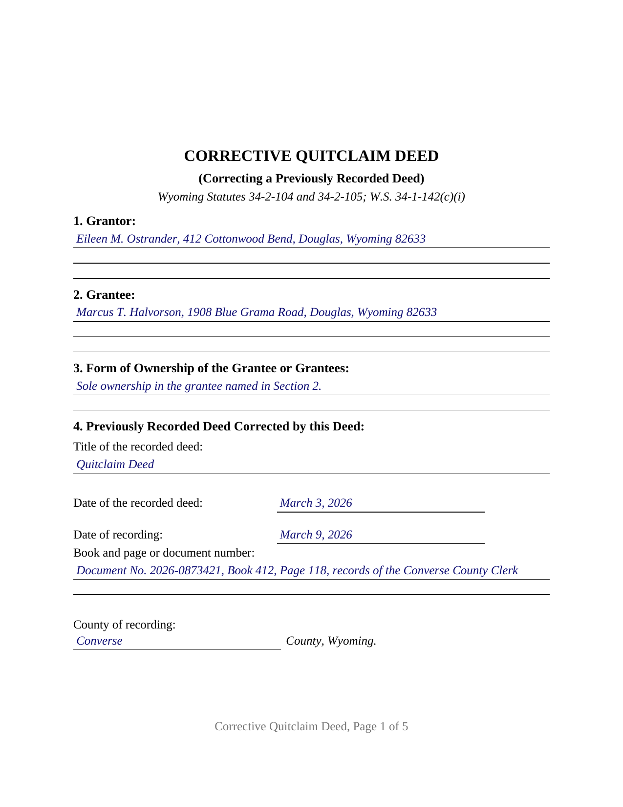Teton County Completed Example of the Quitclaim Deed (Corrective) Document