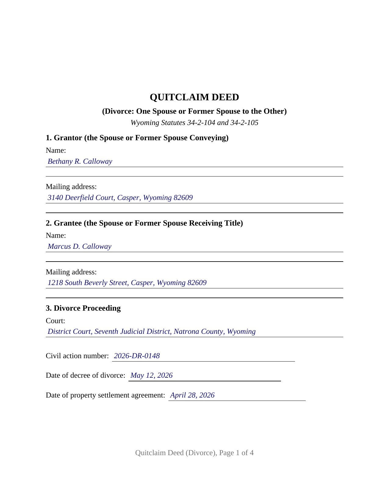 Lincoln County Completed Example of the Quitclaim Deed (Divorce) Document
