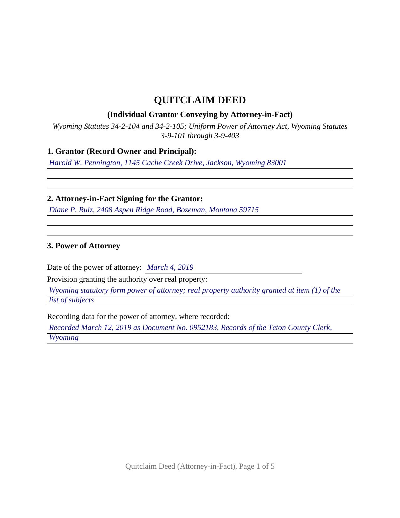 Sublette County Completed Example of the Quitclaim Deed (Individual Grantor by Attorney-in-Fact) Document