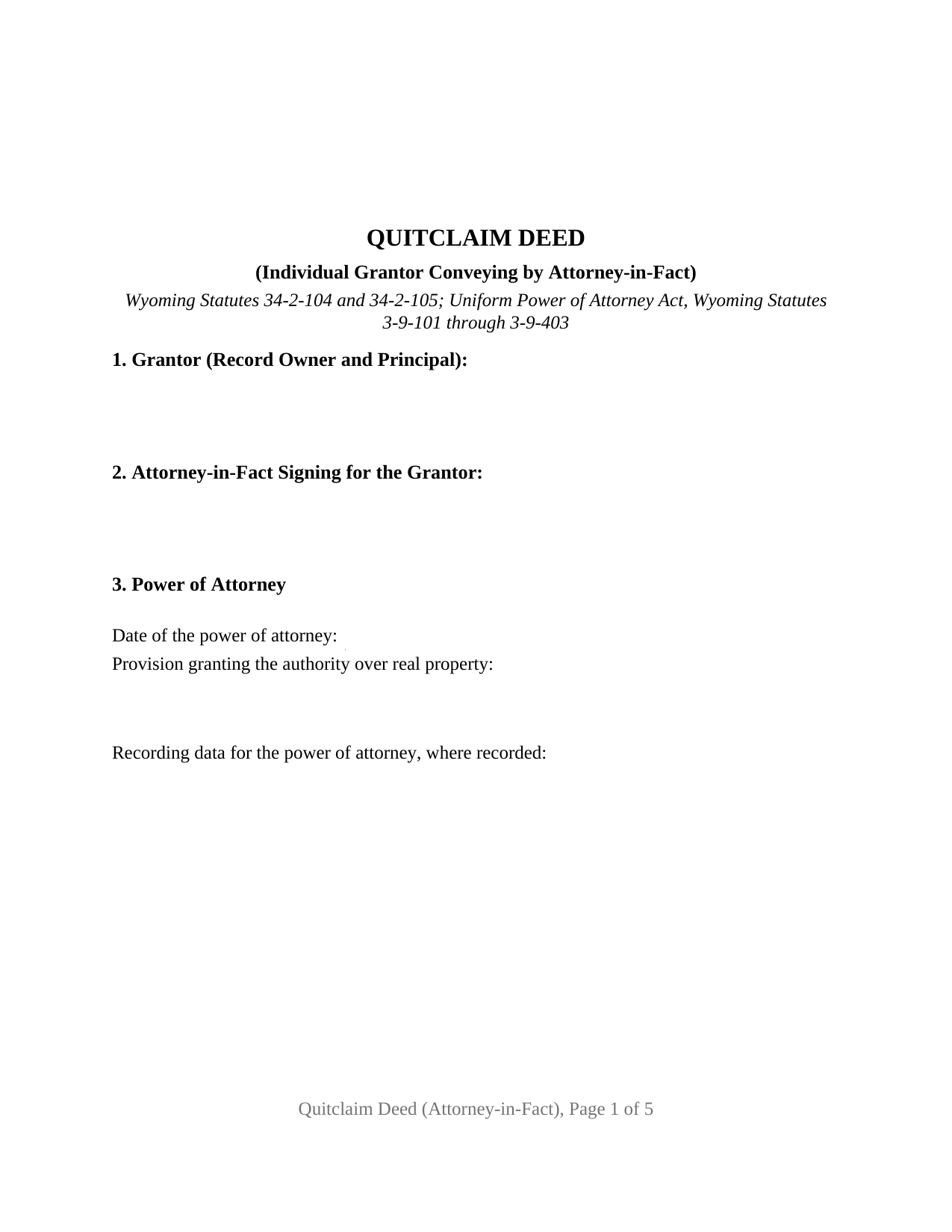 Sublette County Quitclaim Deed (Individual Grantor by Attorney-in-Fact) Form