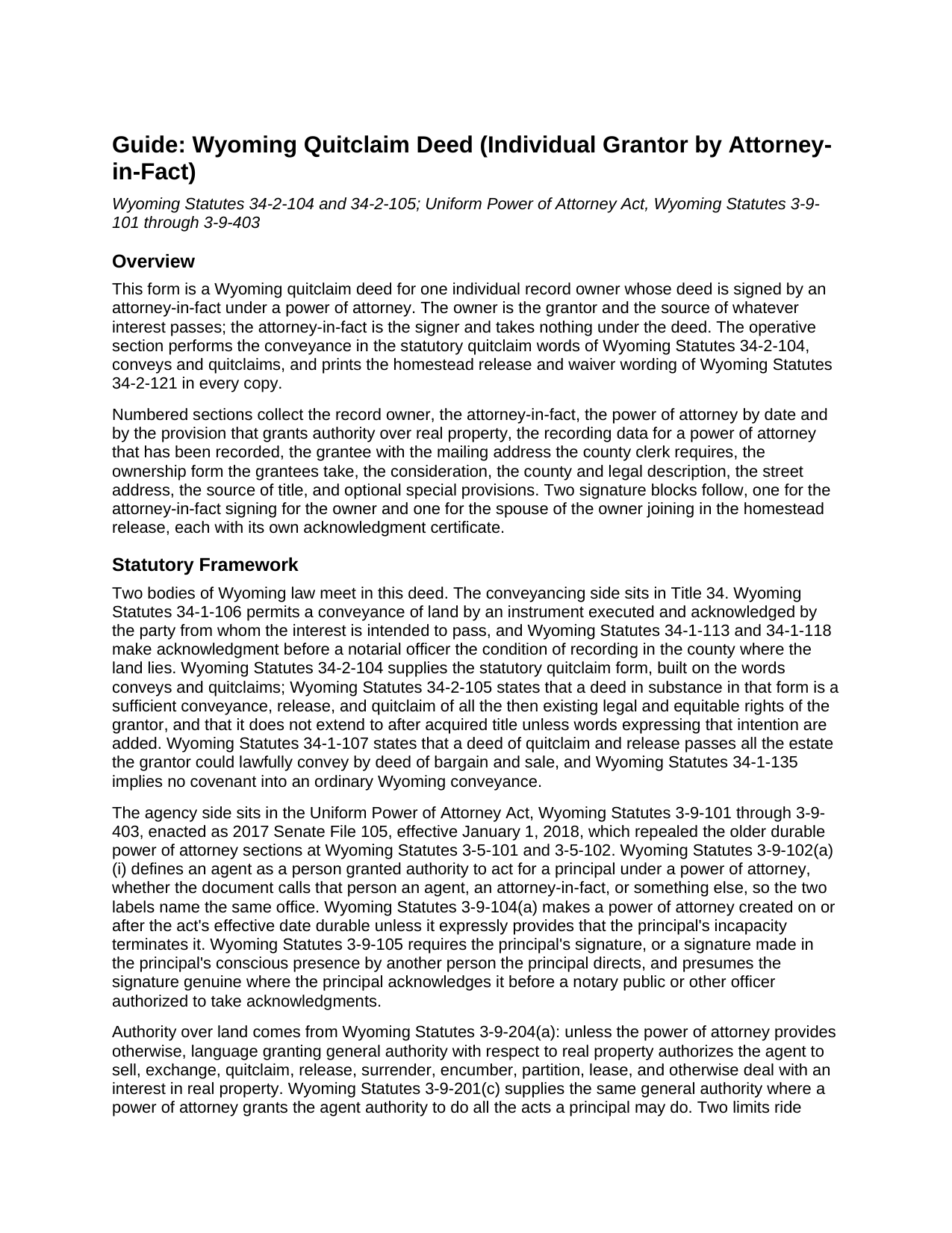 Sublette County Quitclaim Deed (Individual Grantor by Attorney-in-Fact) Guide