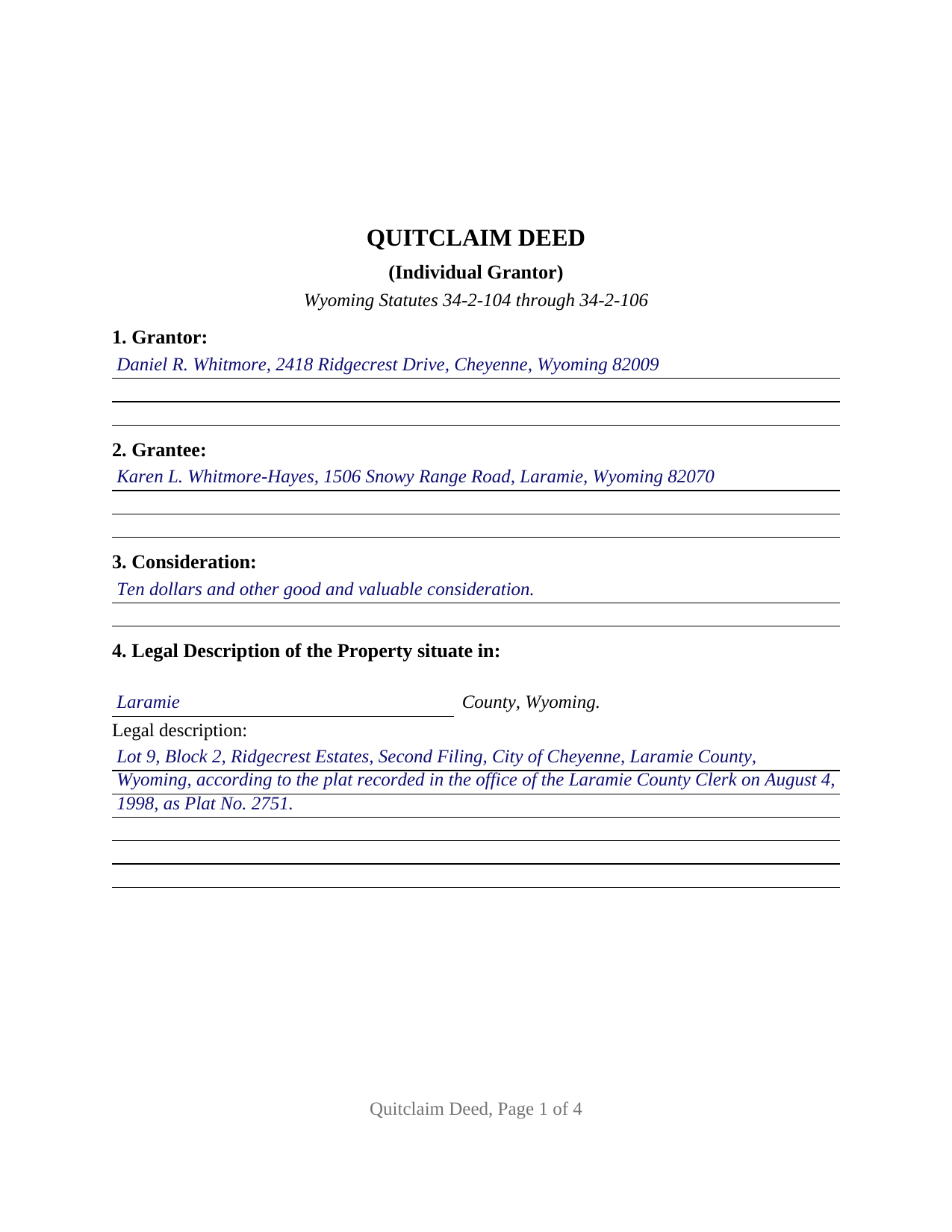 Albany County Completed Example of the Quitclaim Deed (Individual Grantor) Document
