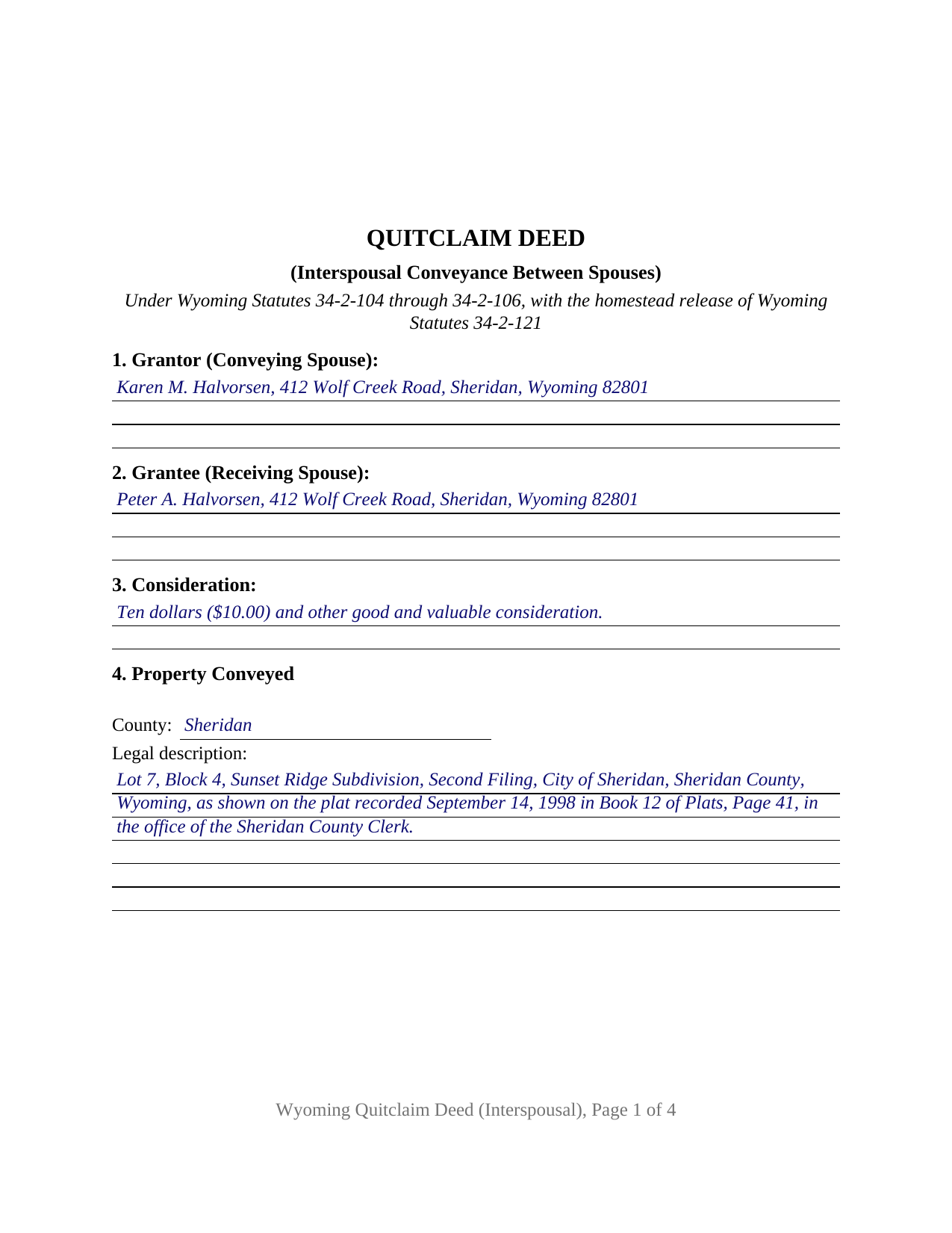 Park County Completed Example of the Quitclaim Deed (Interspousal) Document