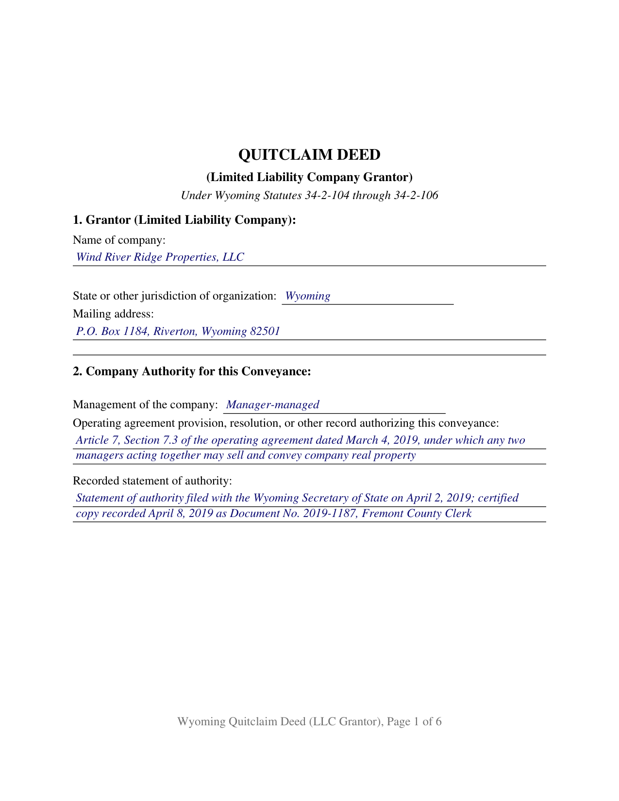 Teton County Completed Example of the Quitclaim Deed (LLC Grantor) Document