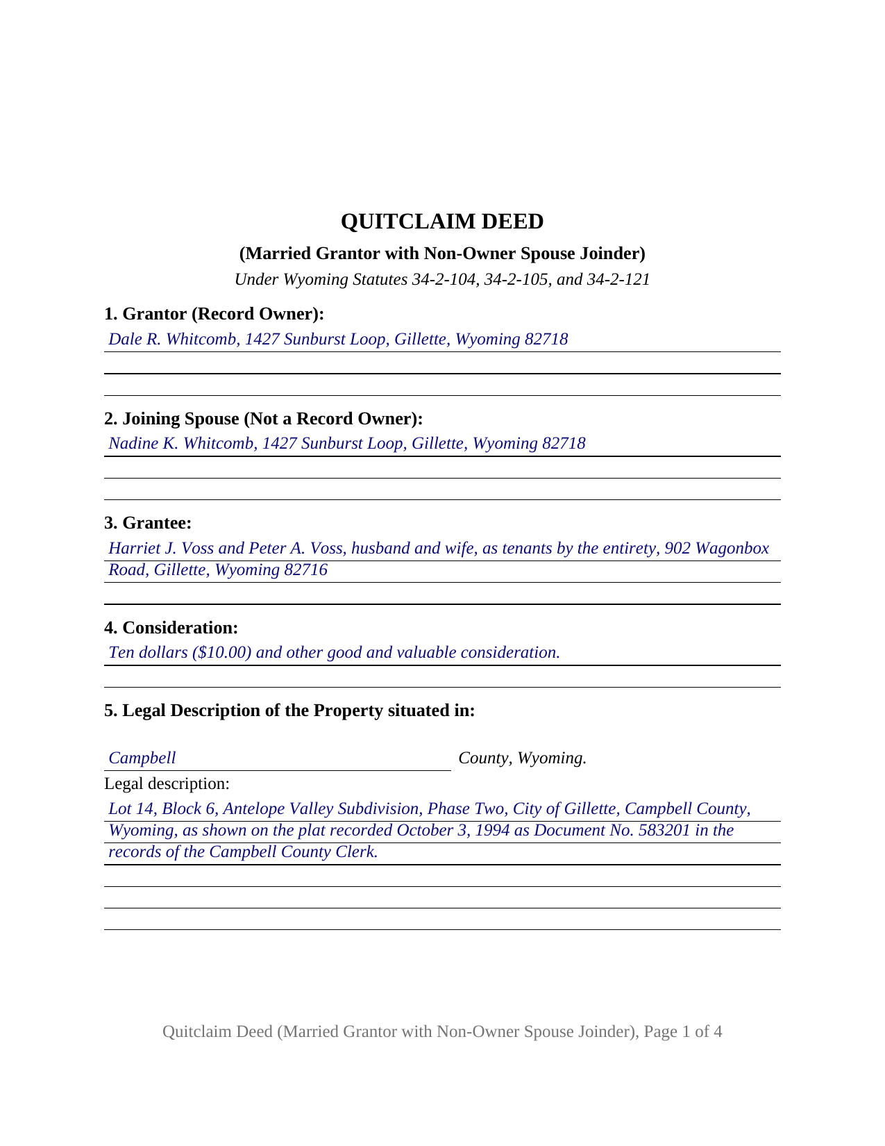 Uinta County Completed Example of the Quitclaim Deed (Married Grantor with Non-Owner Spouse Joinder) Document