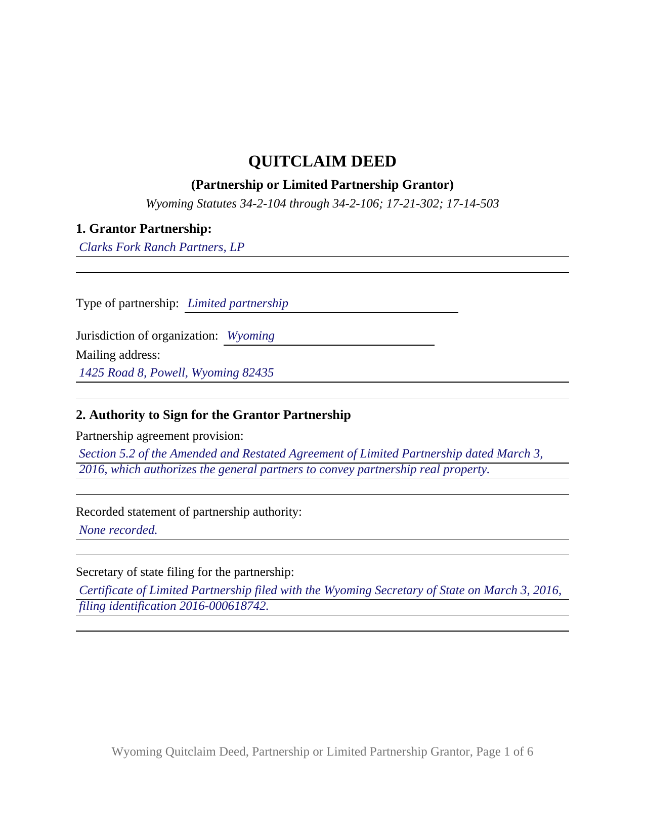 Natrona County Completed Example of the Quitclaim Deed (Partnership or Limited Partnership Grantor) Document
