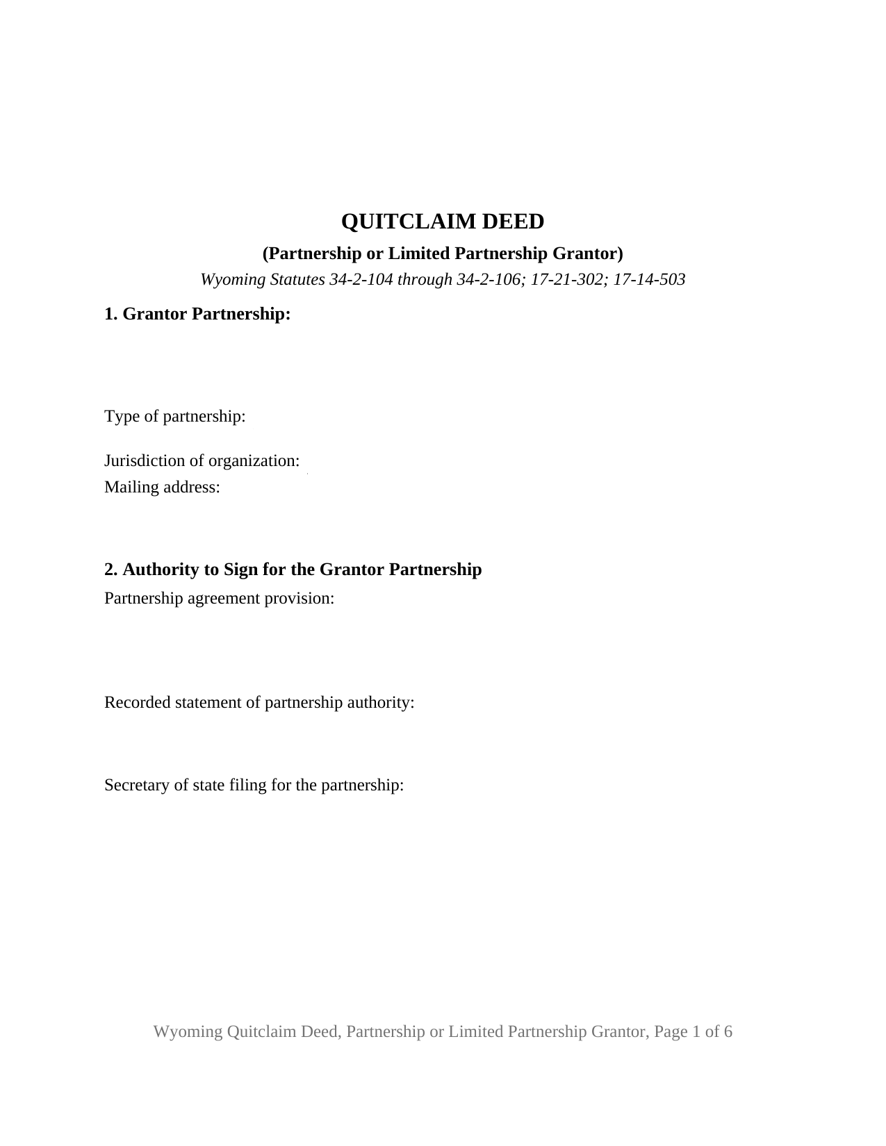 Natrona County Quitclaim Deed (Partnership or Limited Partnership Grantor) Form