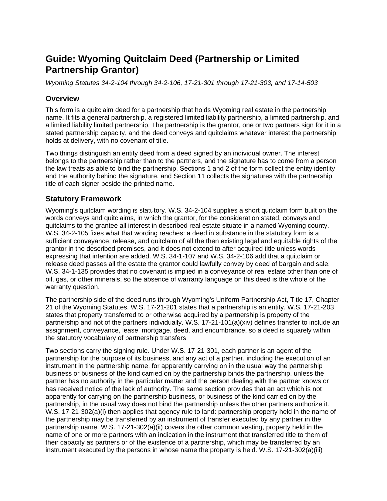 Natrona County Quitclaim Deed (Partnership or Limited Partnership Grantor) Guide