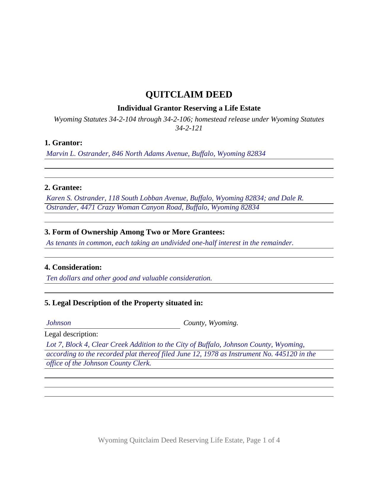 Laramie County Completed Example of the Quitclaim Deed (Reserving Life Estate) Document