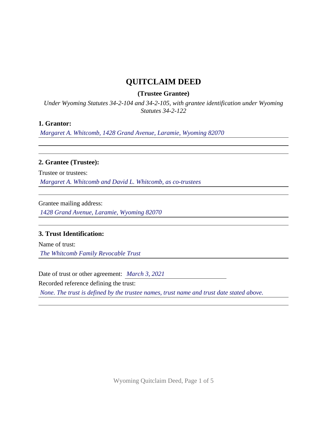 Goshen County Completed Example of the Quitclaim Deed (Trustee Grantee) Document
