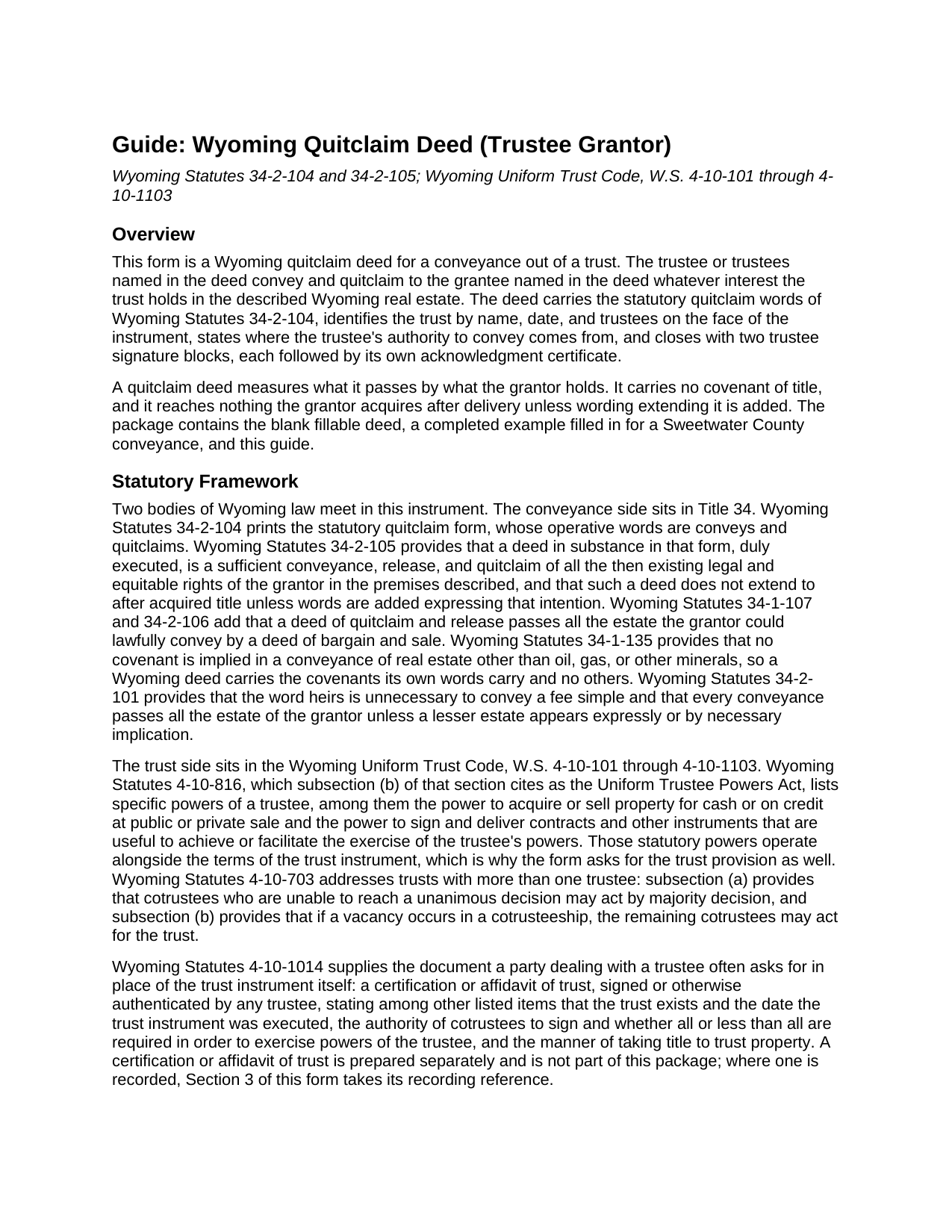 Natrona County Quitclaim Deed (Trustee Grantor) Guide
