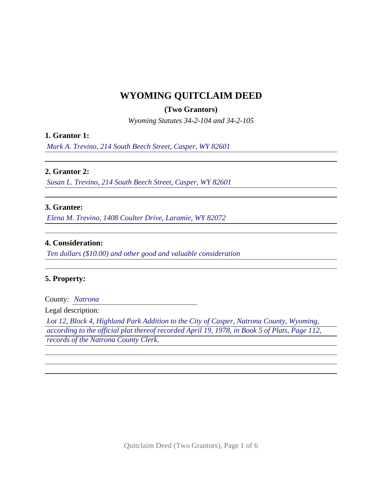 Converse County Completed Example of the Quitclaim Deed (Two Grantors) Document