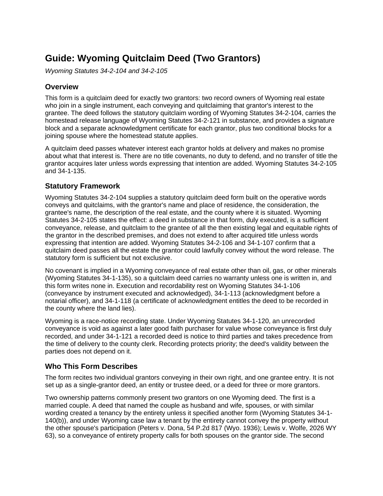 Converse County Quitclaim Deed (Two Grantors) Guide