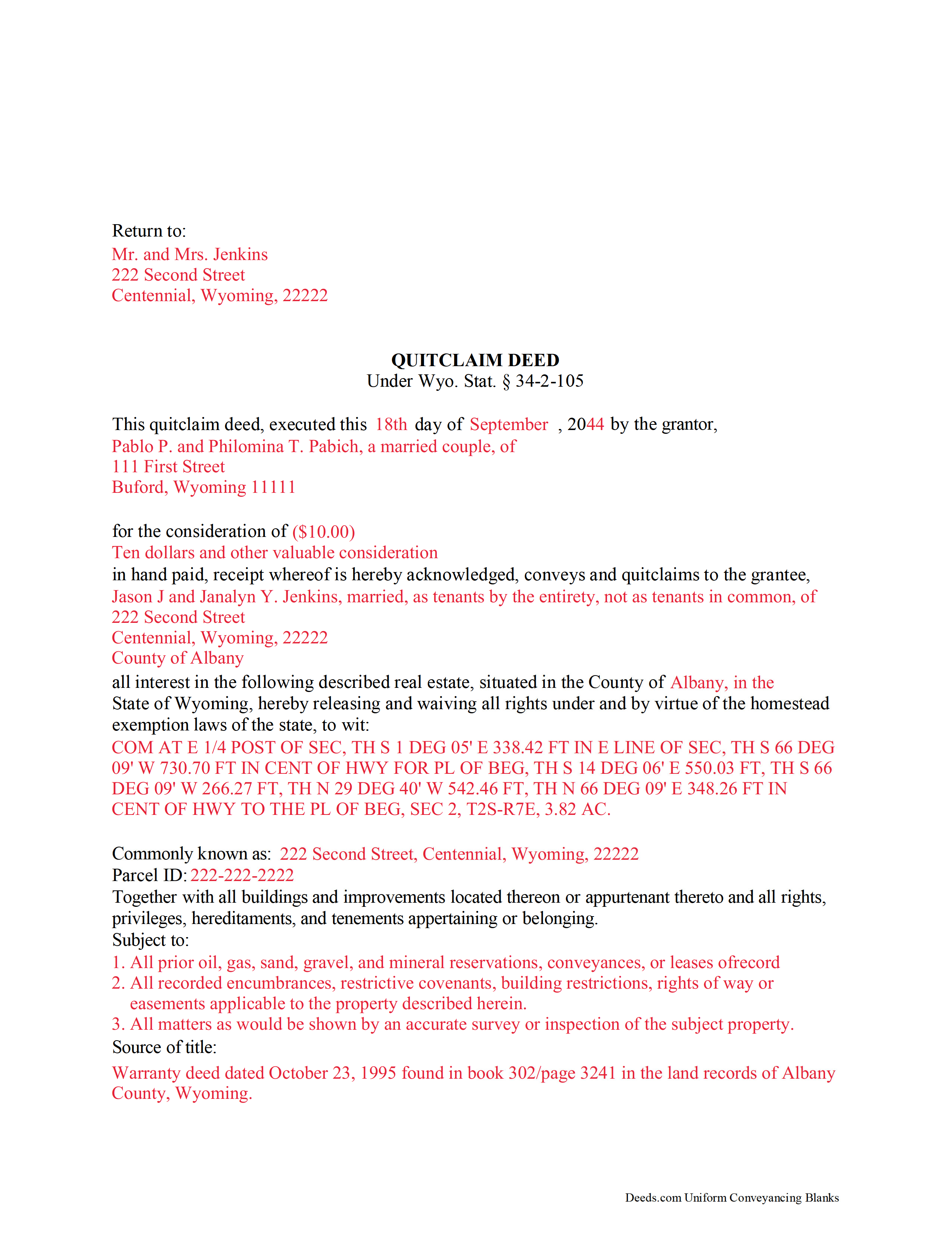 Hot Springs County Quitclaim Deed Form Wyoming