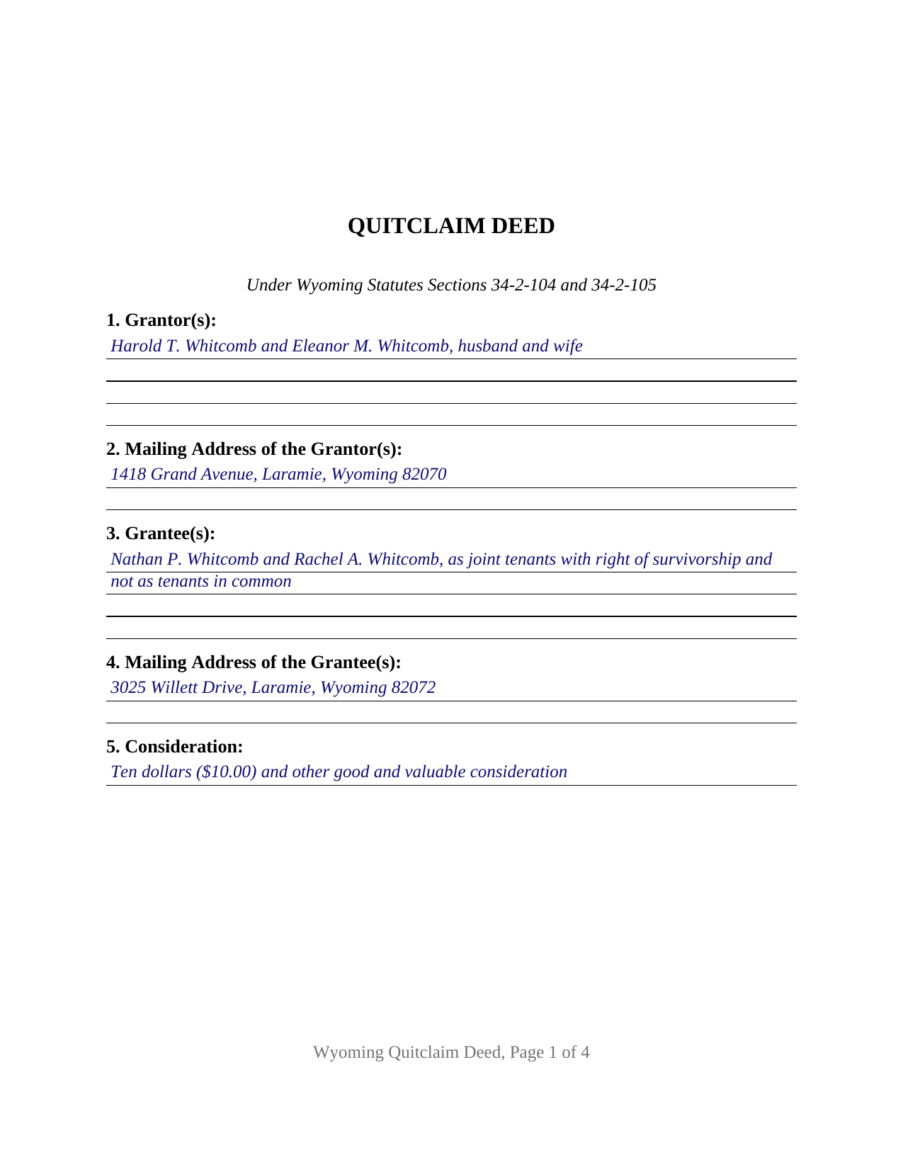 Carbon County Completed Example of the Quitclaim Deed Document