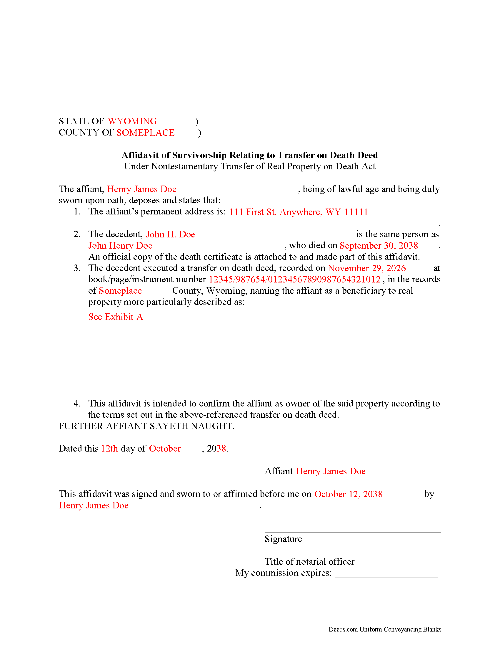 Completed Example of the Transfer on Death Affidavit Document