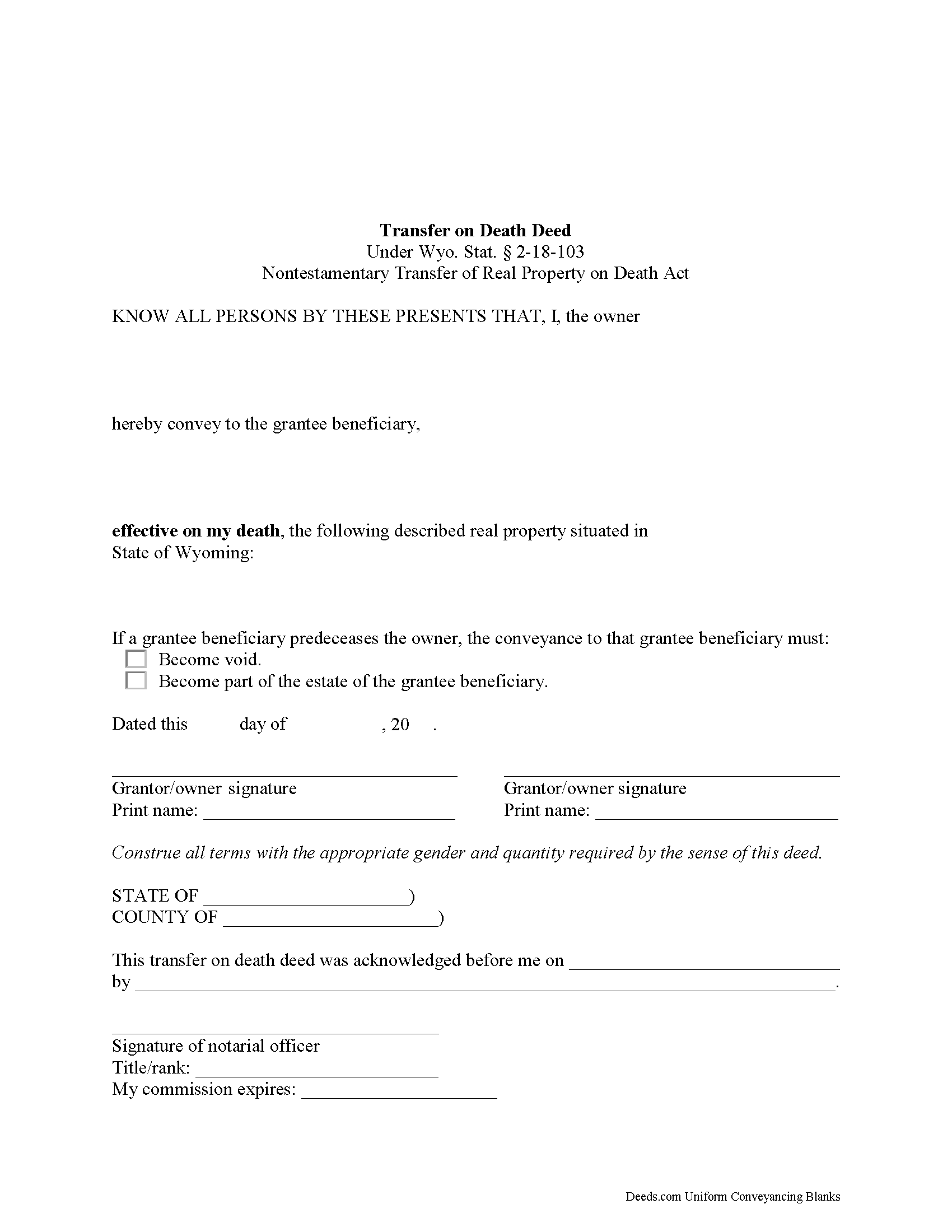 Carbon County Transfer on Death Deed Form